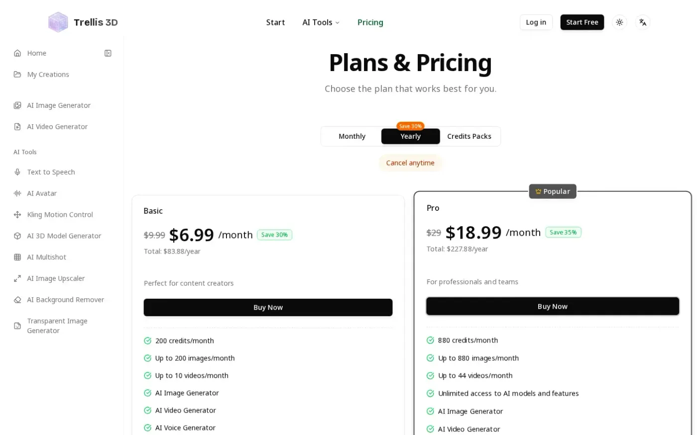 Trellis 3d — Pricing page