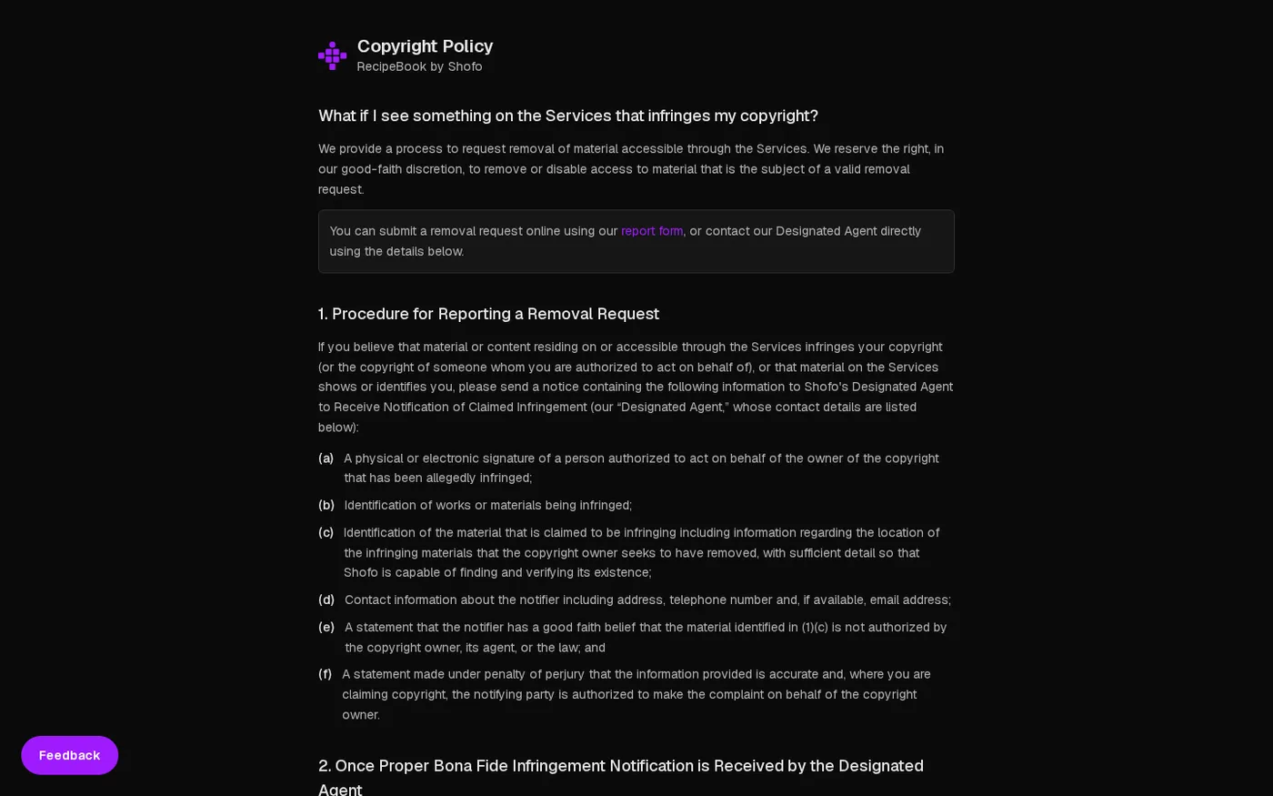 RecipeBook by Shofo — Buy video training data by the hour featuring 25M+ clips — Copyright policy page