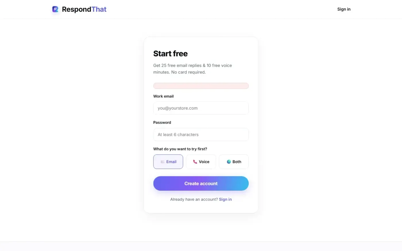 Respondthat — Signup.html page