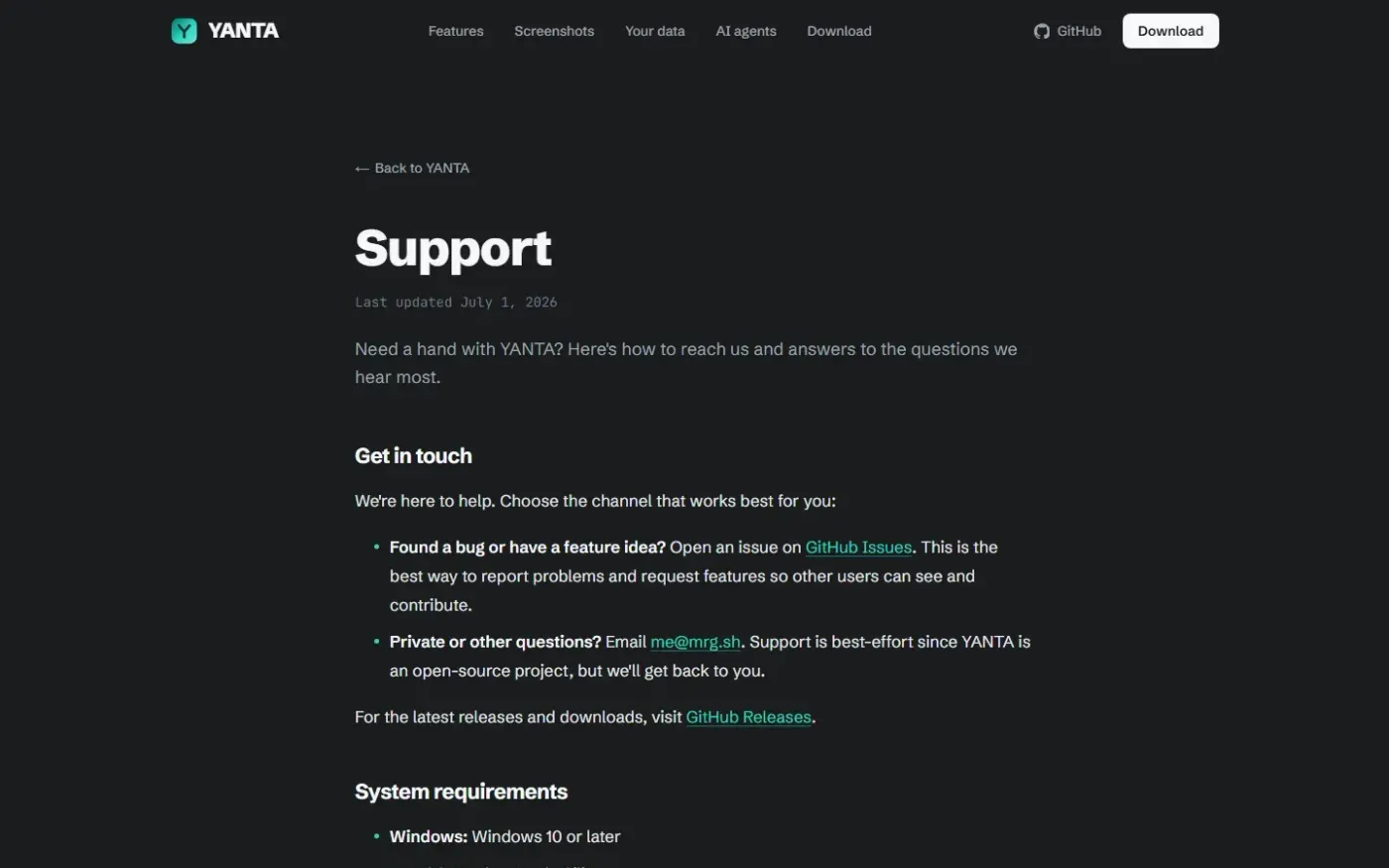 YANTA — Fast, modern notes for people who prefer the keyboard — Support page