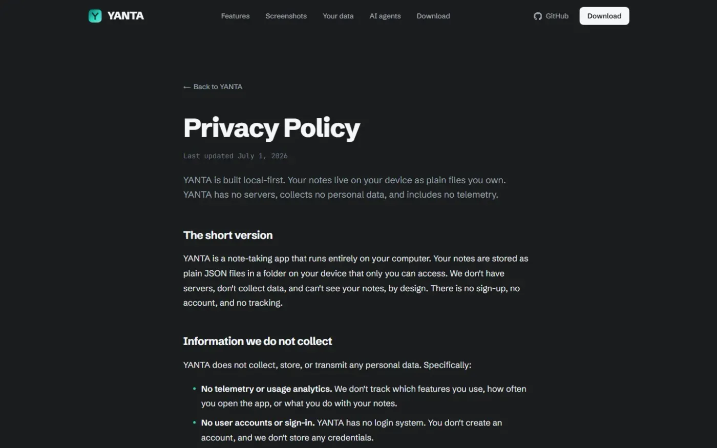 YANTA — Fast, modern notes for people who prefer the keyboard — Privacy page