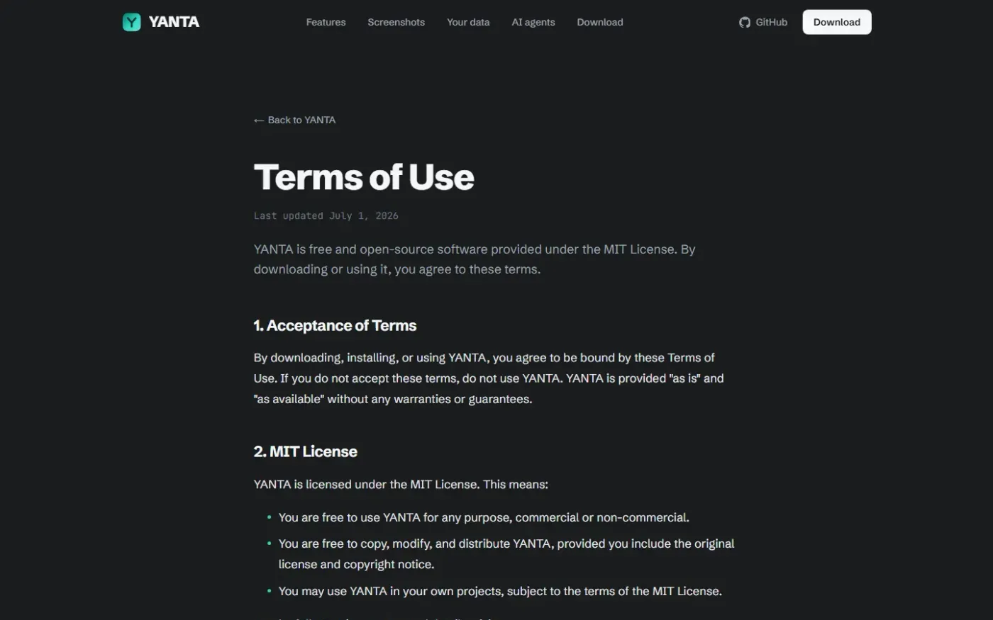 YANTA — Fast, modern notes for people who prefer the keyboard — Terms page