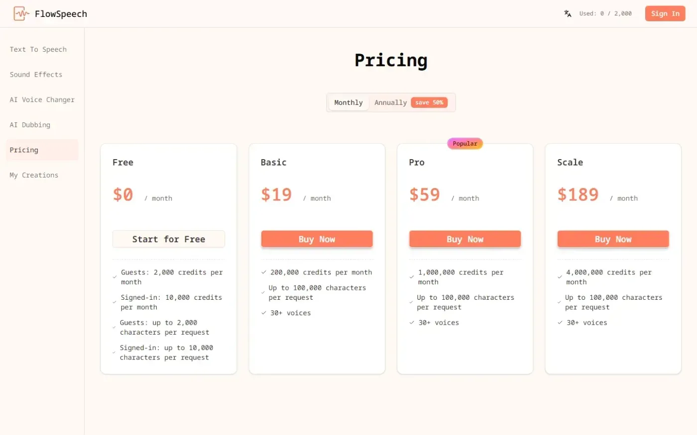 Flowspeech — Pricing page