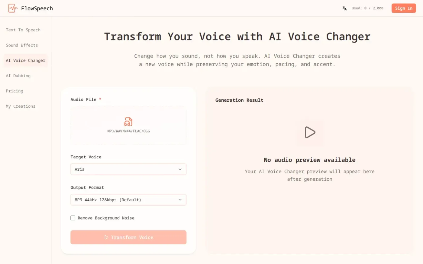 Flowspeech — Voice changer page