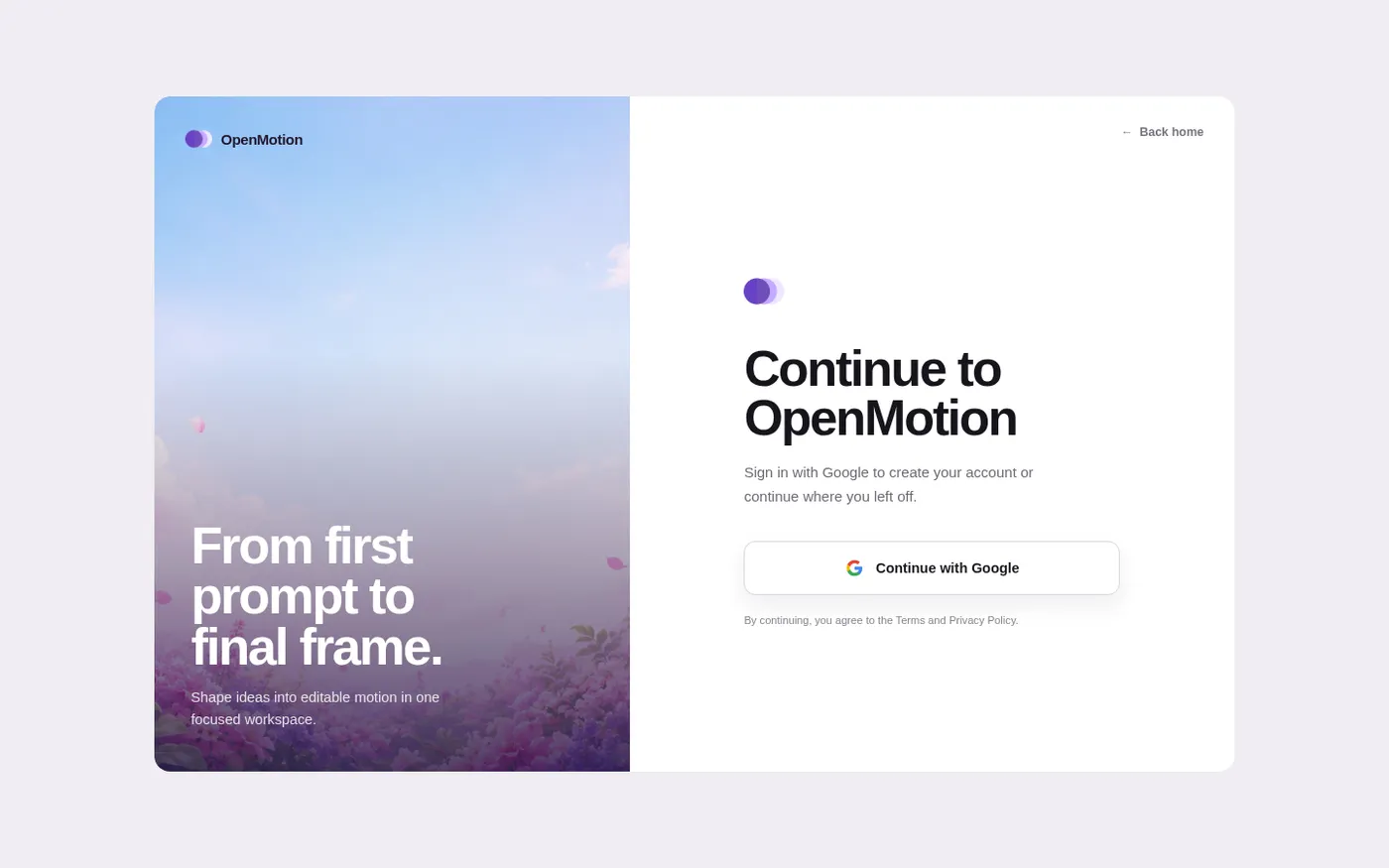 Openmotion — Turn product screenshots and prompts into motion videos — Sign in page