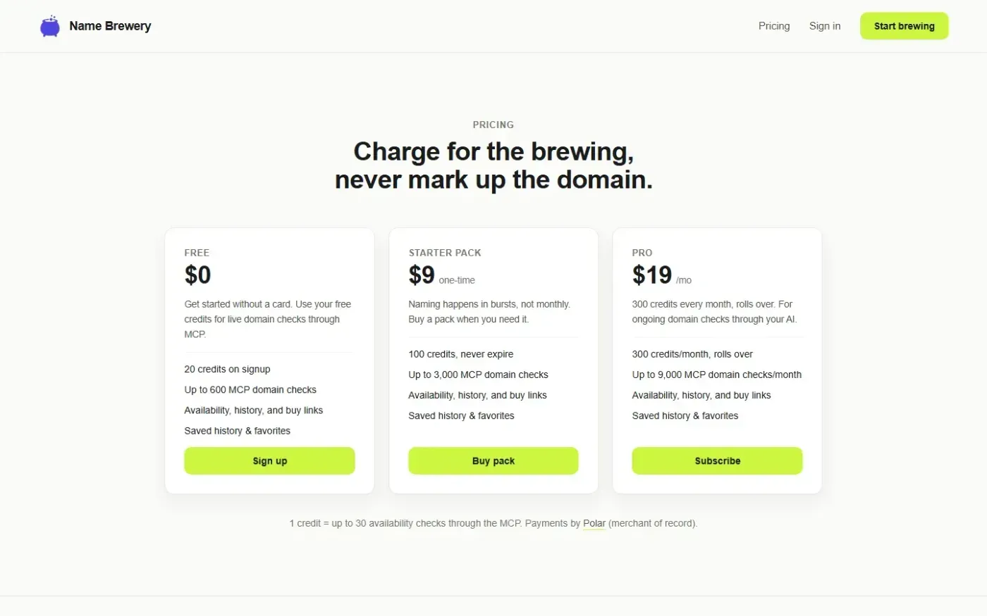 Namebrewery — Pricing page
