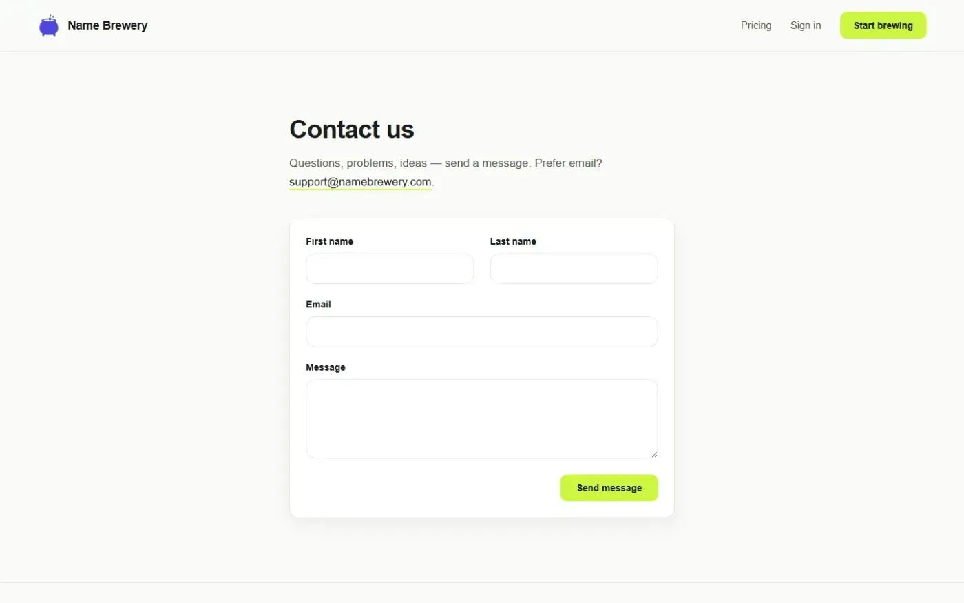 Namebrewery — Contact page