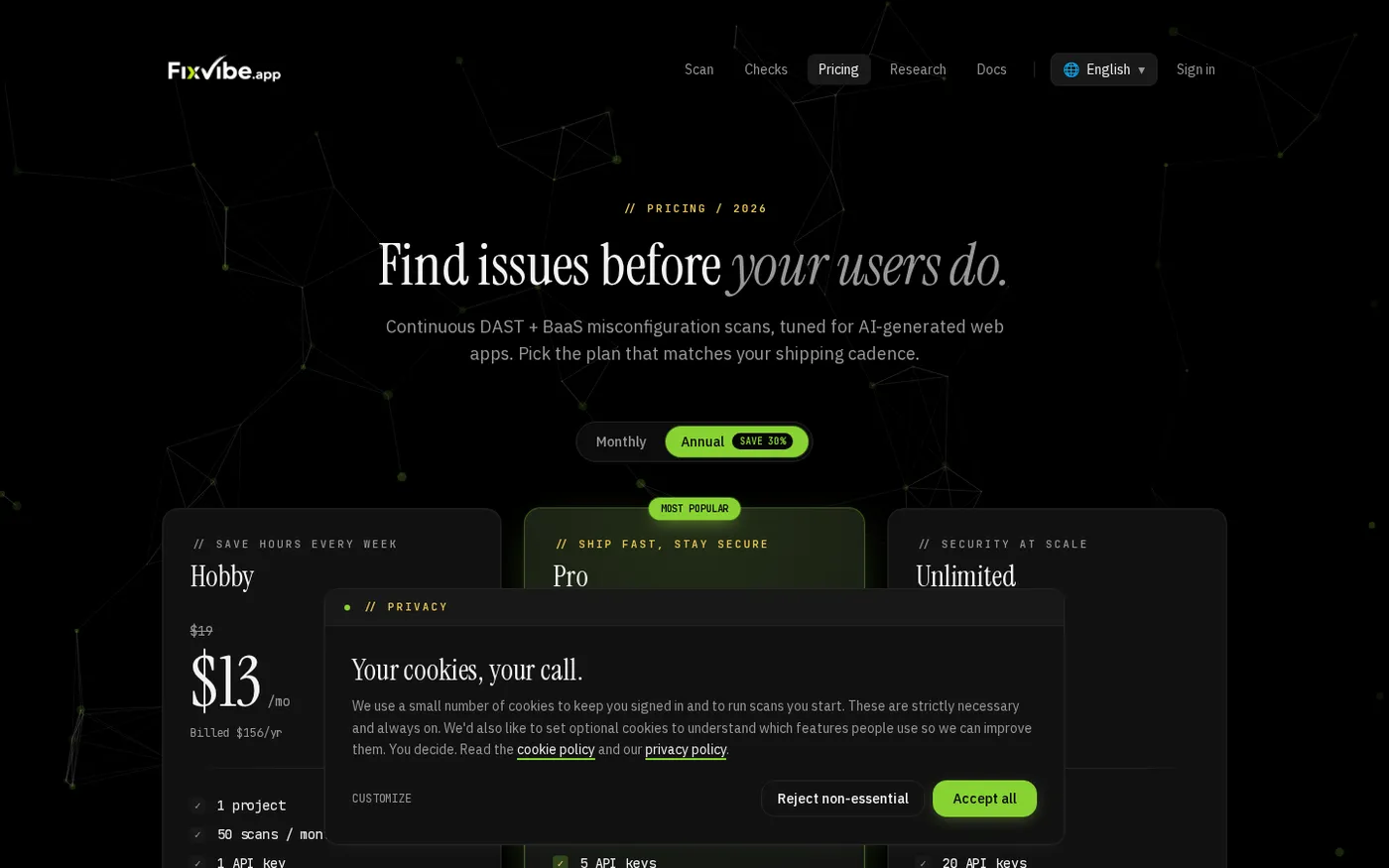 Fixvibe — Pricing page