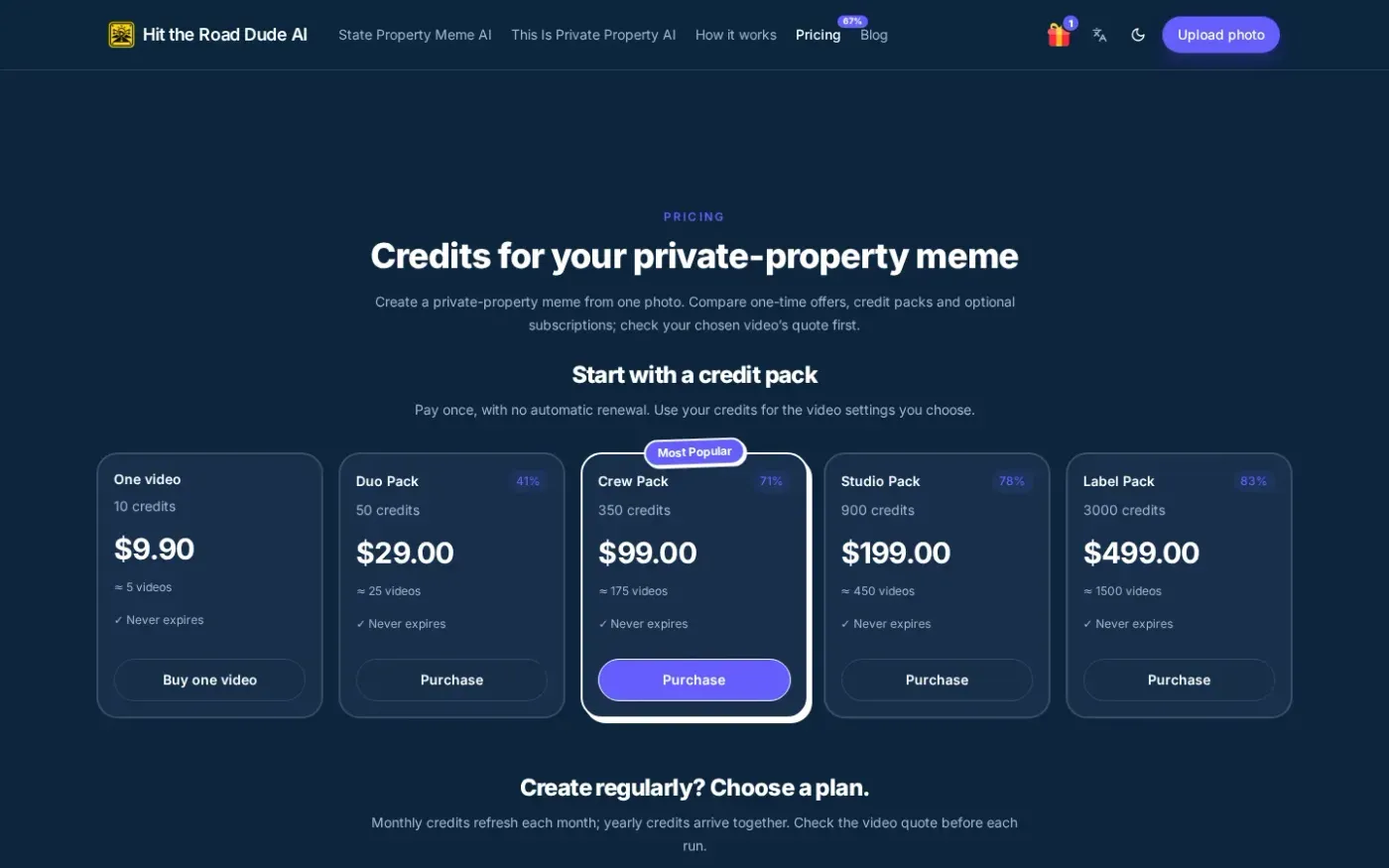 Hittheroaddudeai — Pricing page