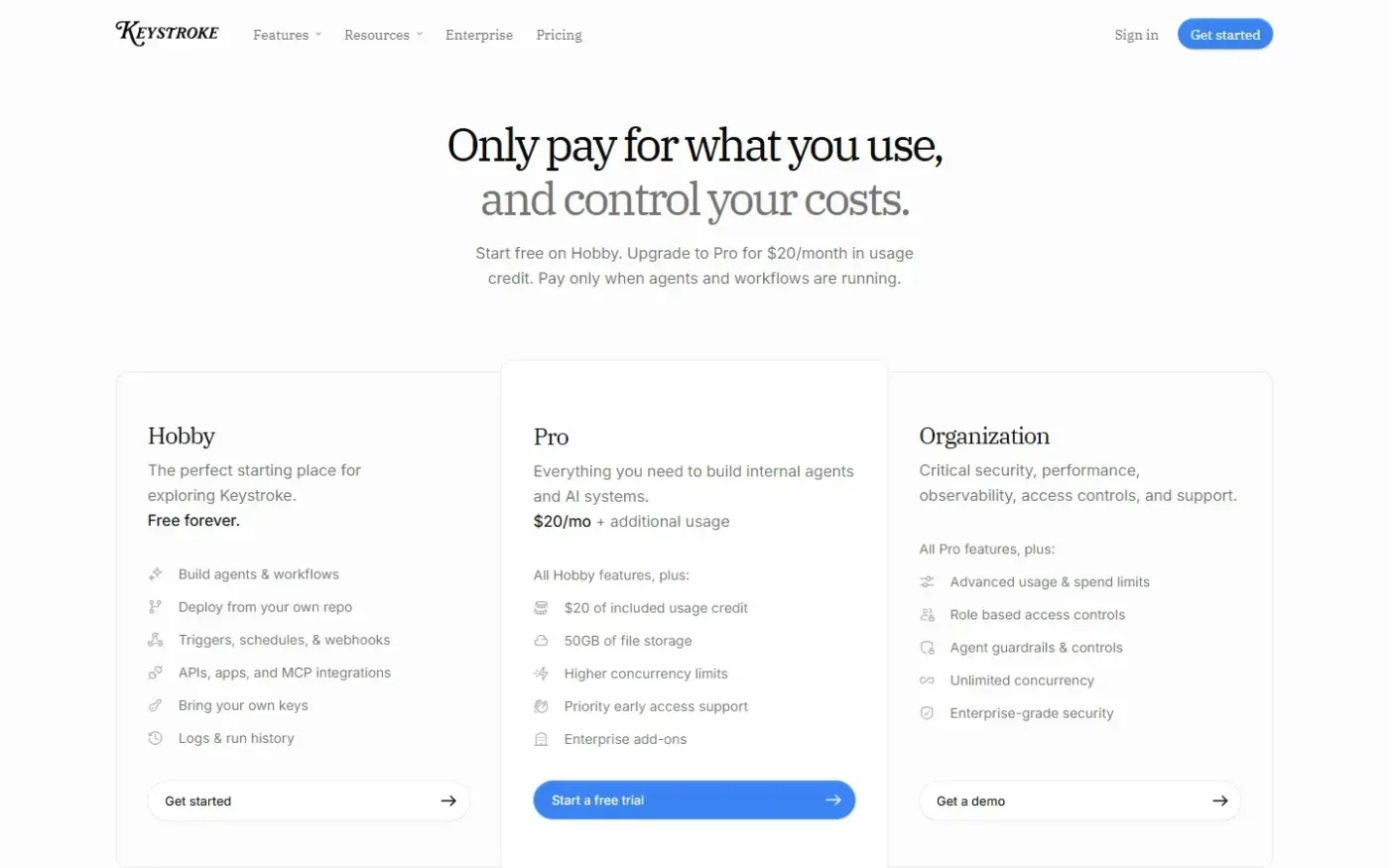 Keystroke — Build powerful AI agents & workflows — Pricing page