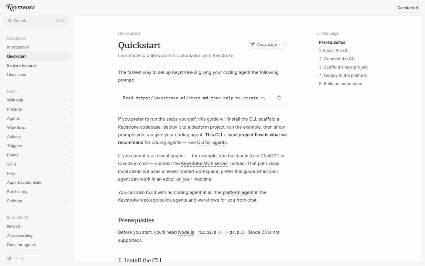Keystroke — Build powerful AI agents & workflows — Docs page
