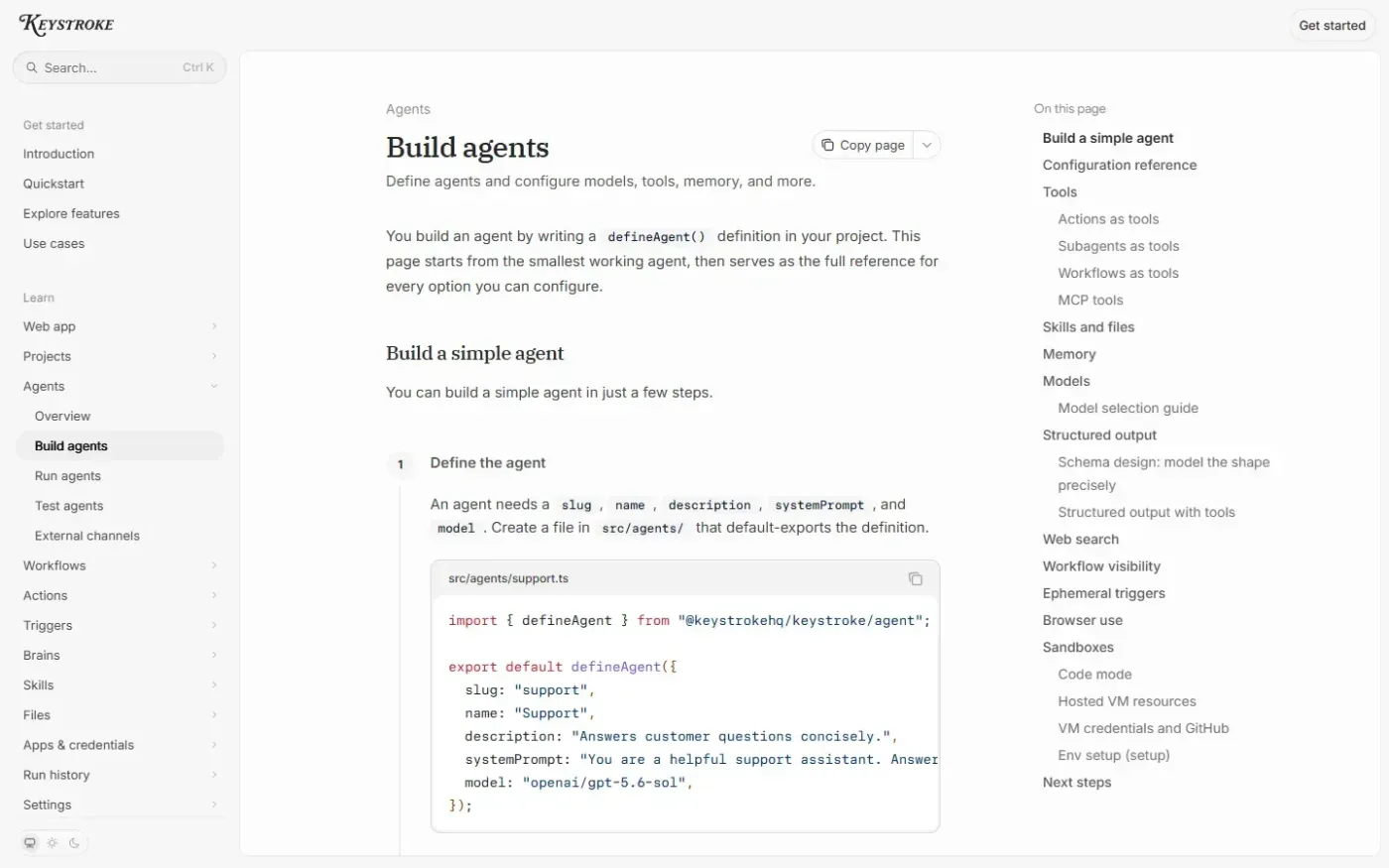 Keystroke — Build powerful AI agents & workflows — Docs page