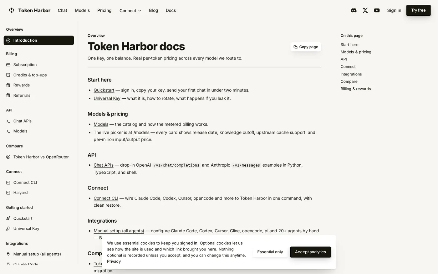Token Harbor — The easiest way to access frontier AI models. — Docs page
