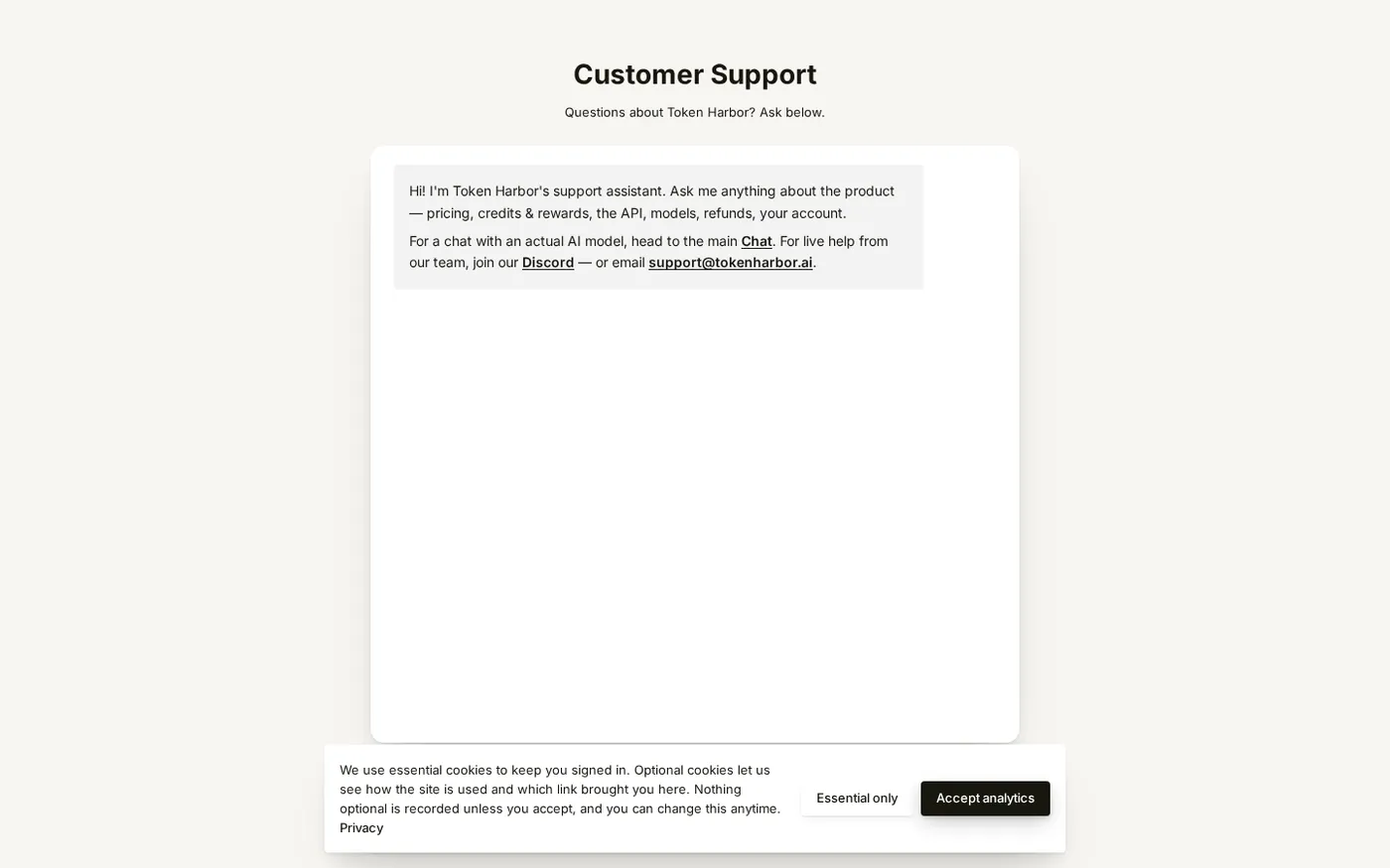 Token Harbor — The easiest way to access frontier AI models. — Support page