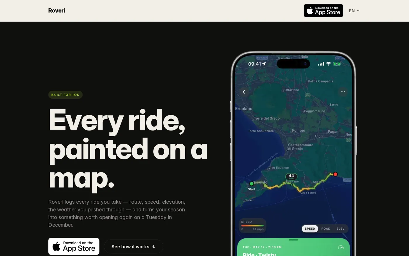 Roveri — A riding journal for iPhone every ride, painted on a map — Home page