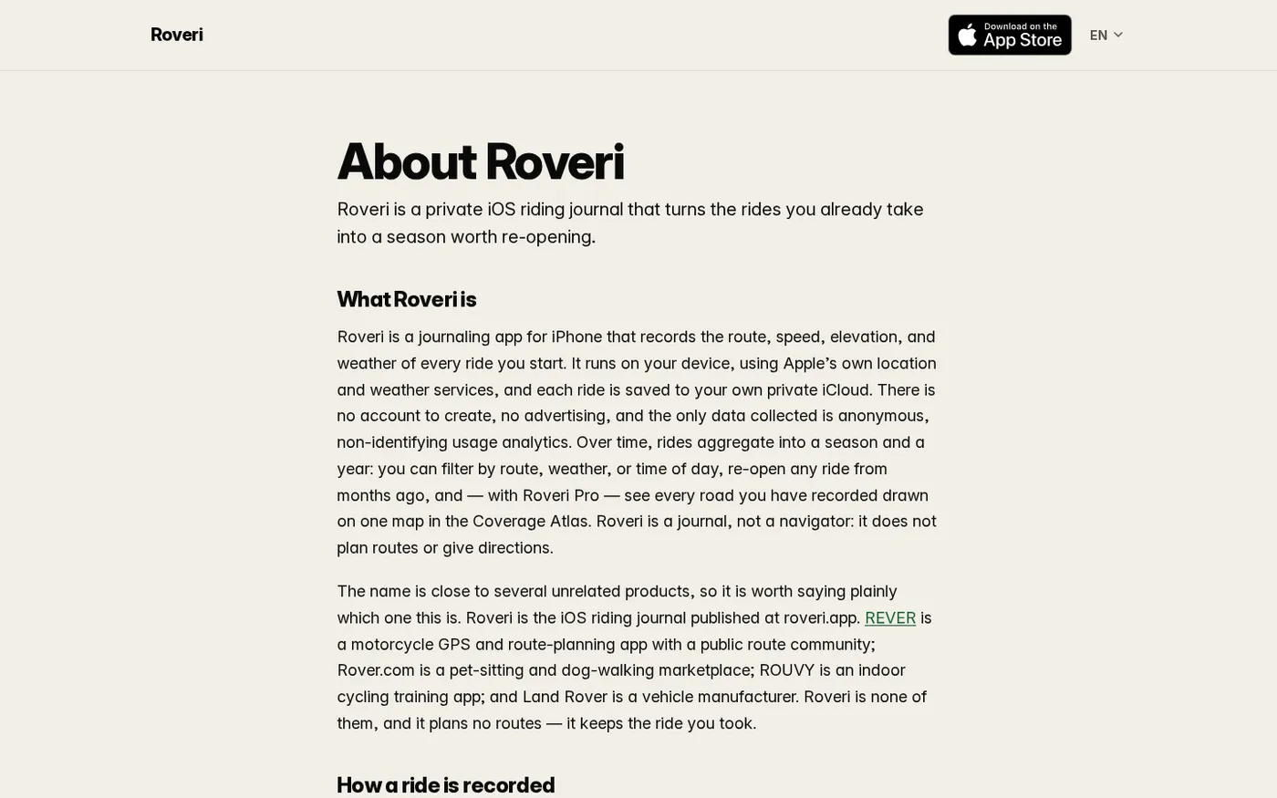 Roveri — A riding journal for iPhone every ride, painted on a map — About page