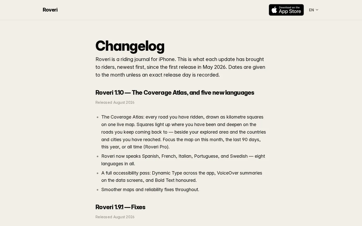 Roveri — A riding journal for iPhone every ride, painted on a map — Changelog page