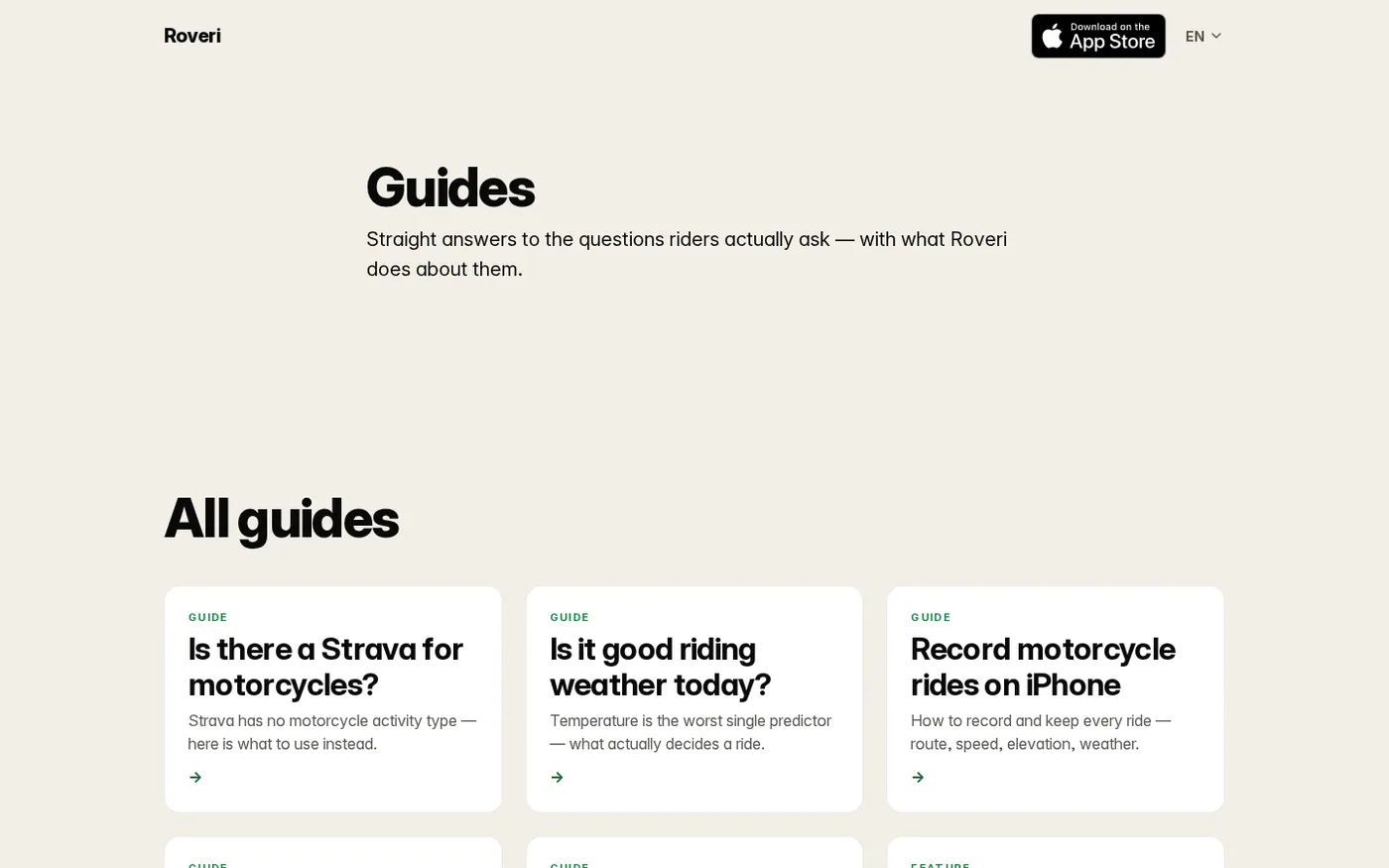 Roveri — A riding journal for iPhone every ride, painted on a map — Guides page