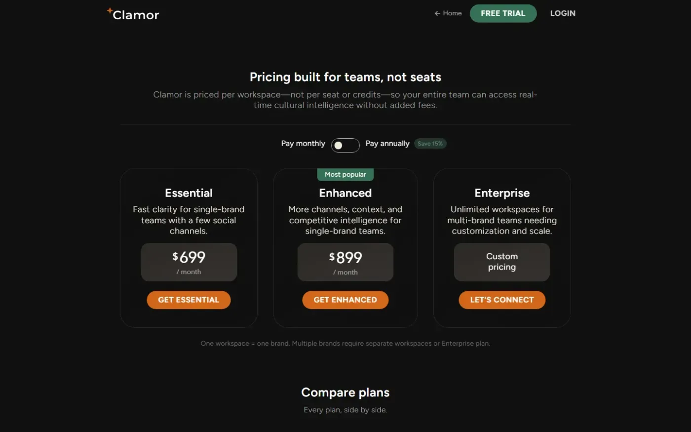 Clamor — Pricing page