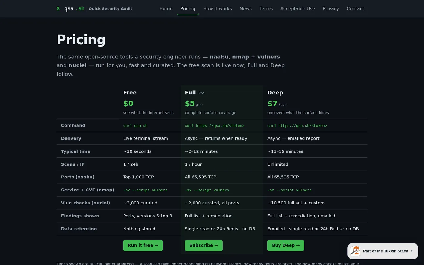 qsa.sh  — External security scan of your own IP, in your terminal — Pricing page
