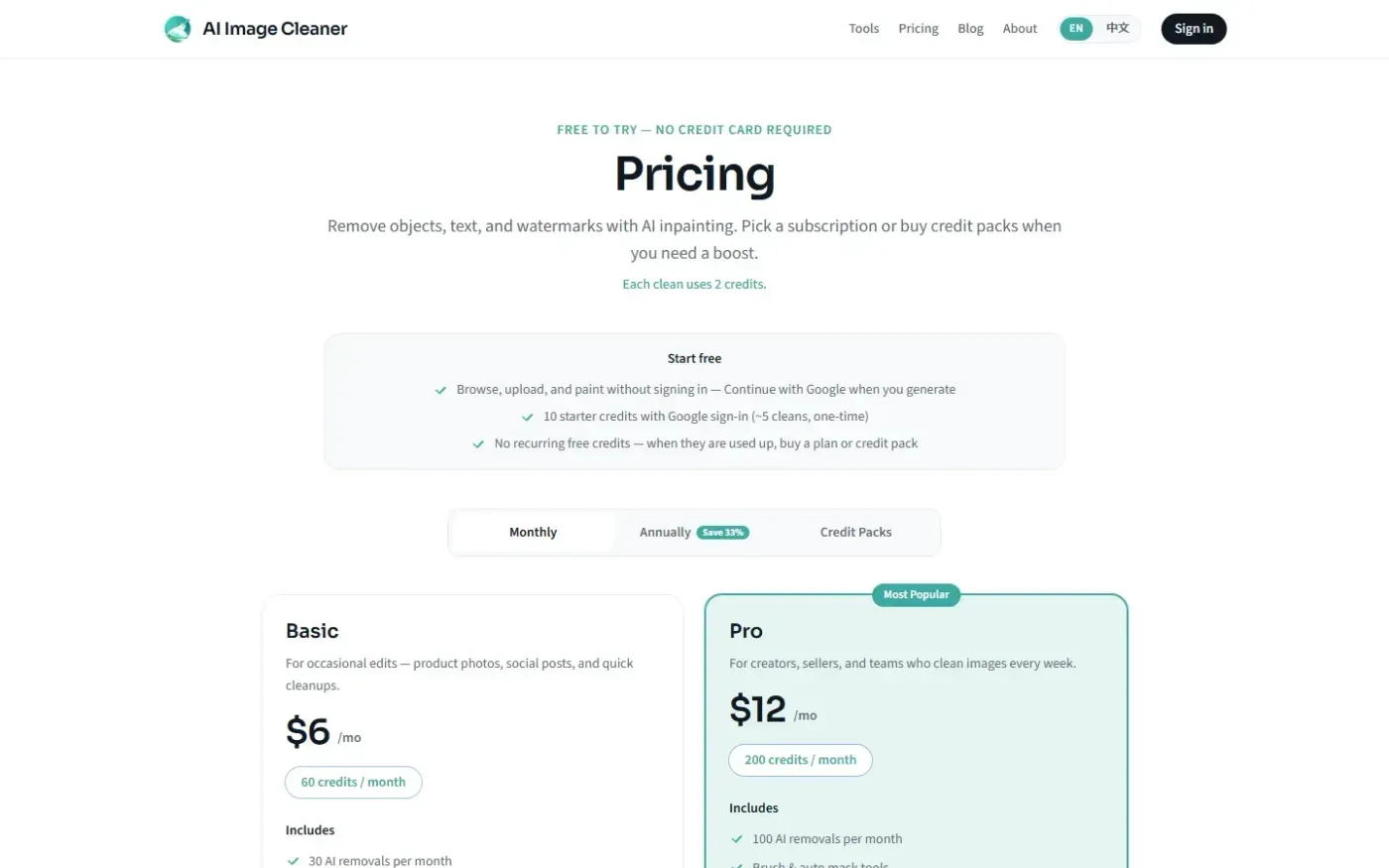 Ai Image Cleaner — Pricing page