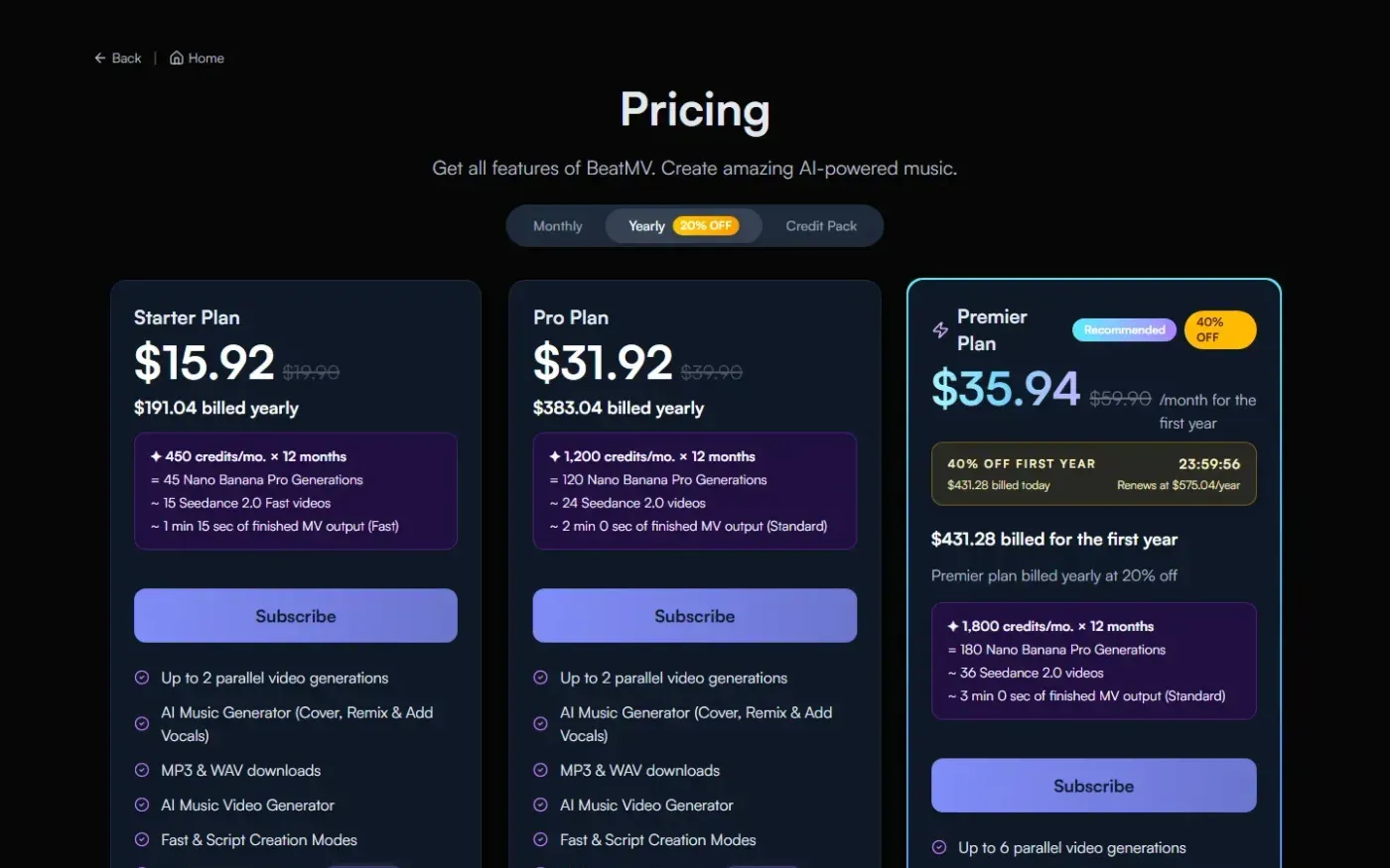Beatmv — Pricing page