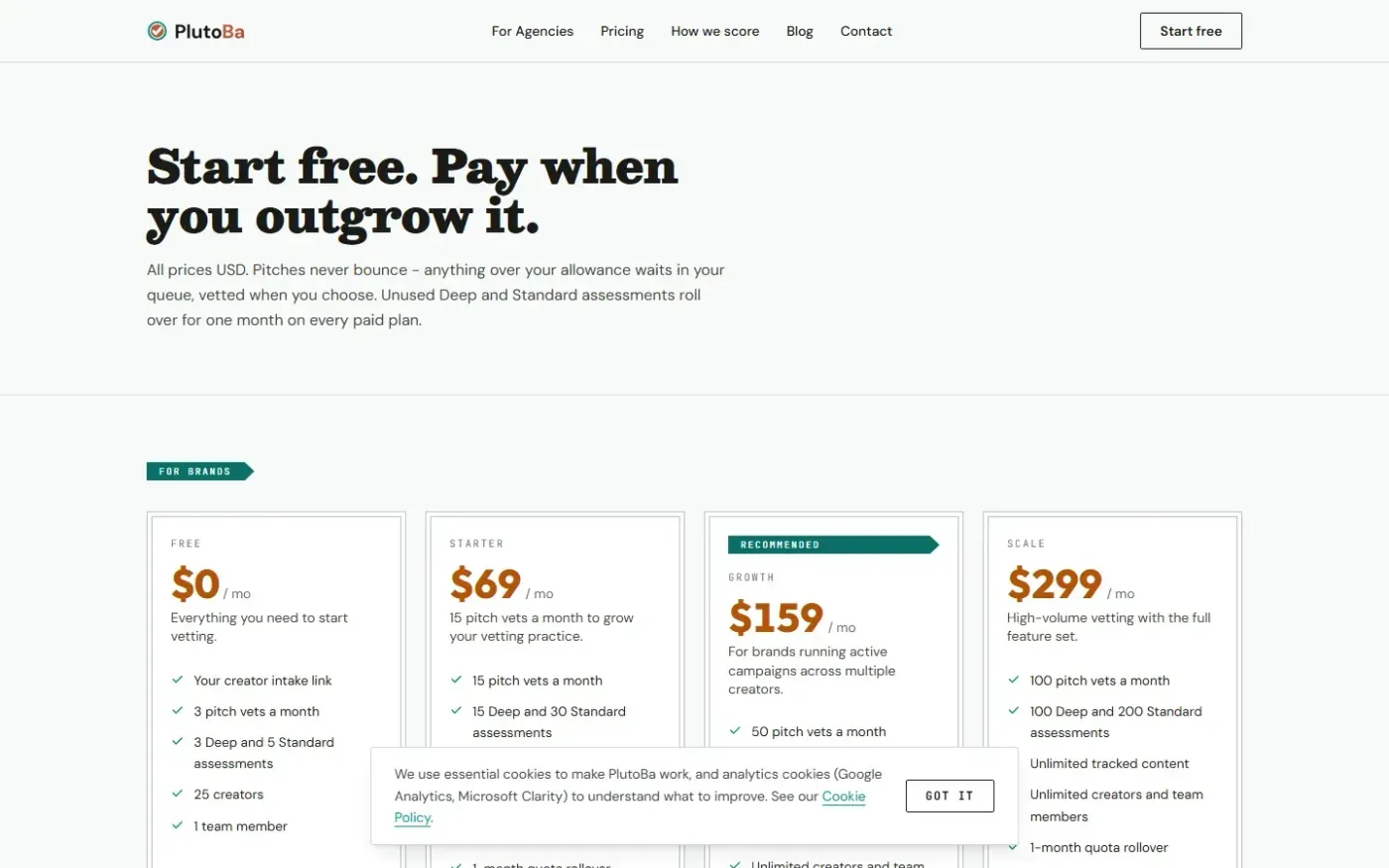 Plutoba — Pricing page