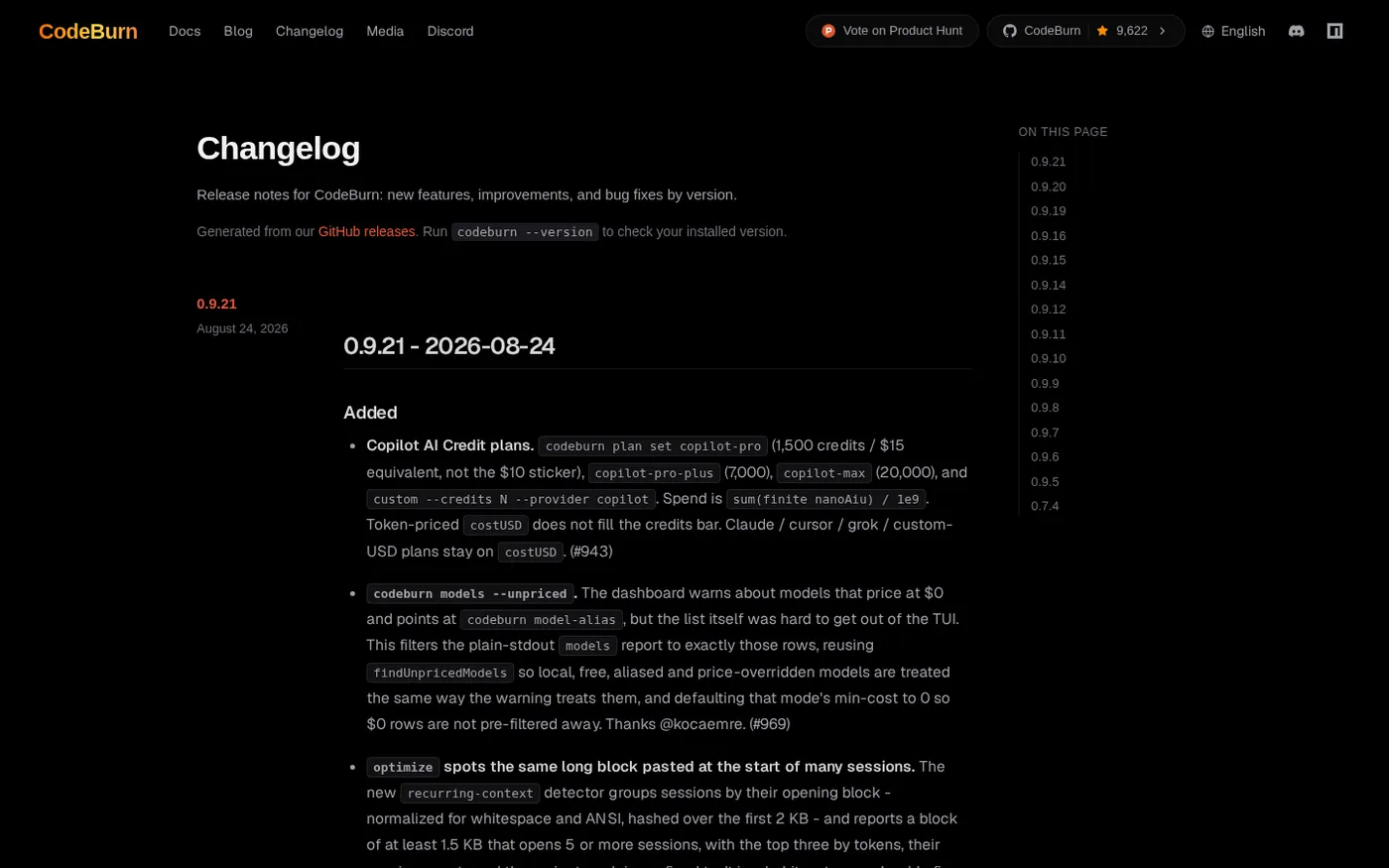 CodeBurn — See where your AI coding spend actually goes — Changelog page