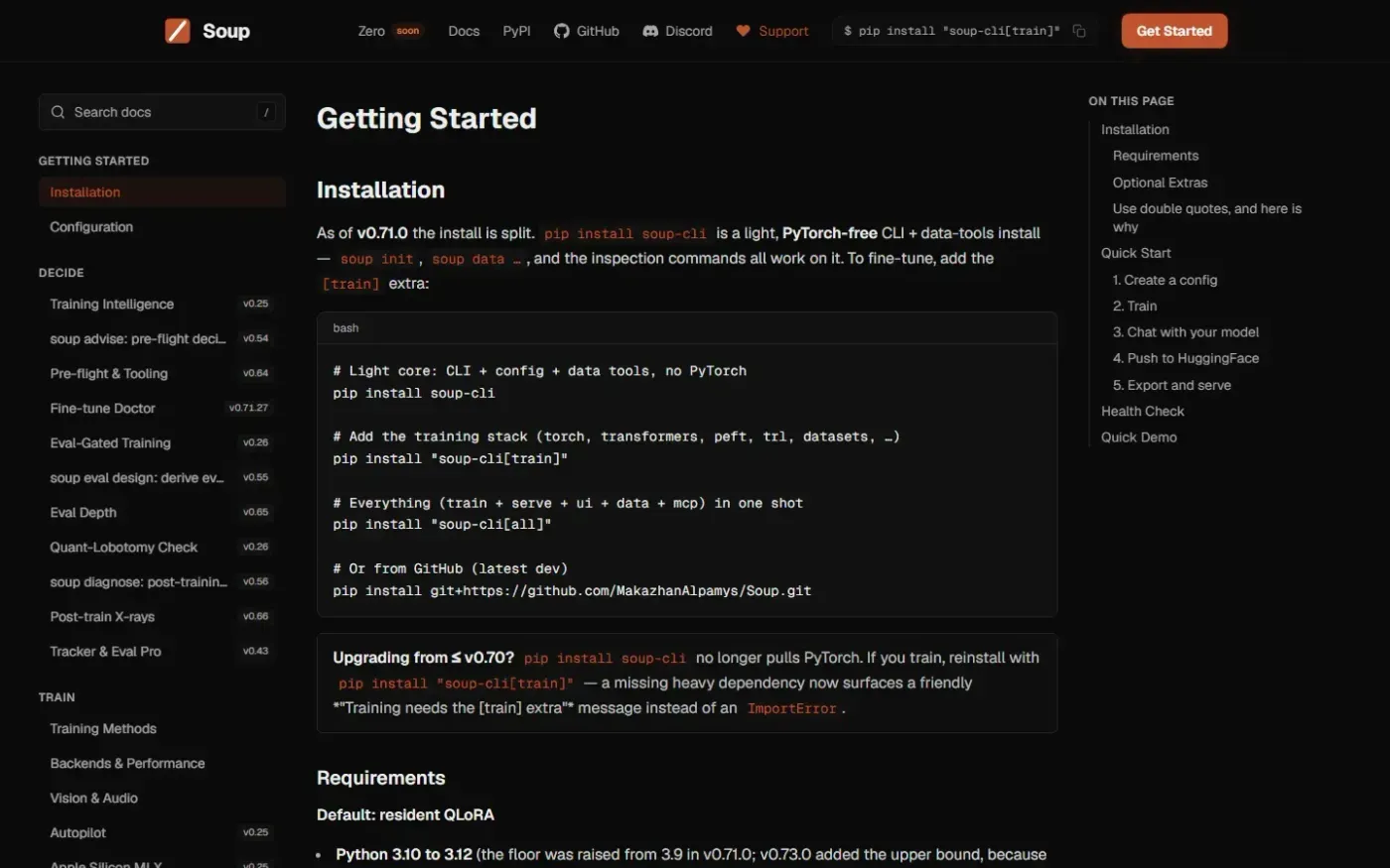 Soup CLI — Fine-tune an 8B LLM on a 4 GB laptop GPU — Docs page