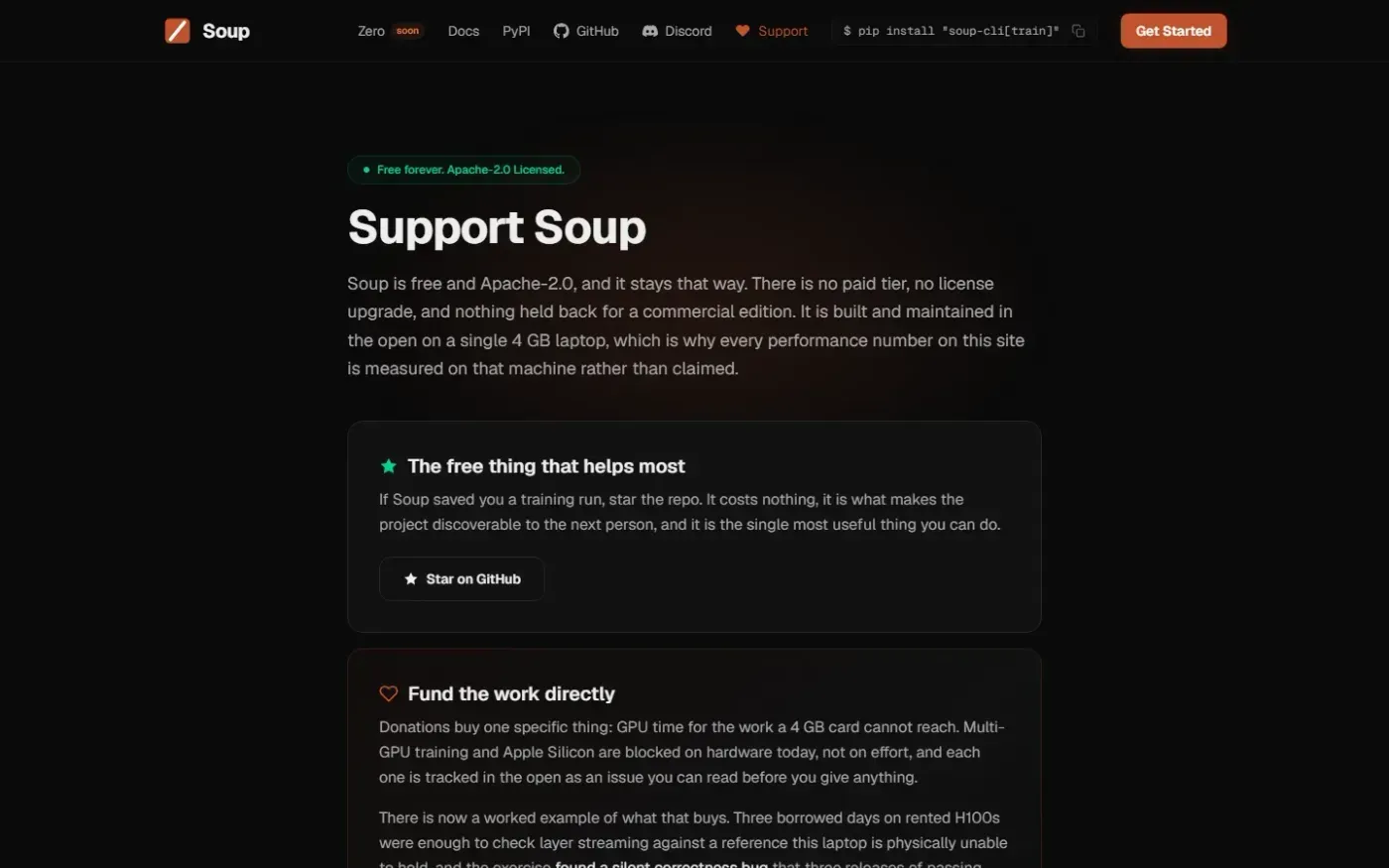 Soup CLI — Fine-tune an 8B LLM on a 4 GB laptop GPU — Support page