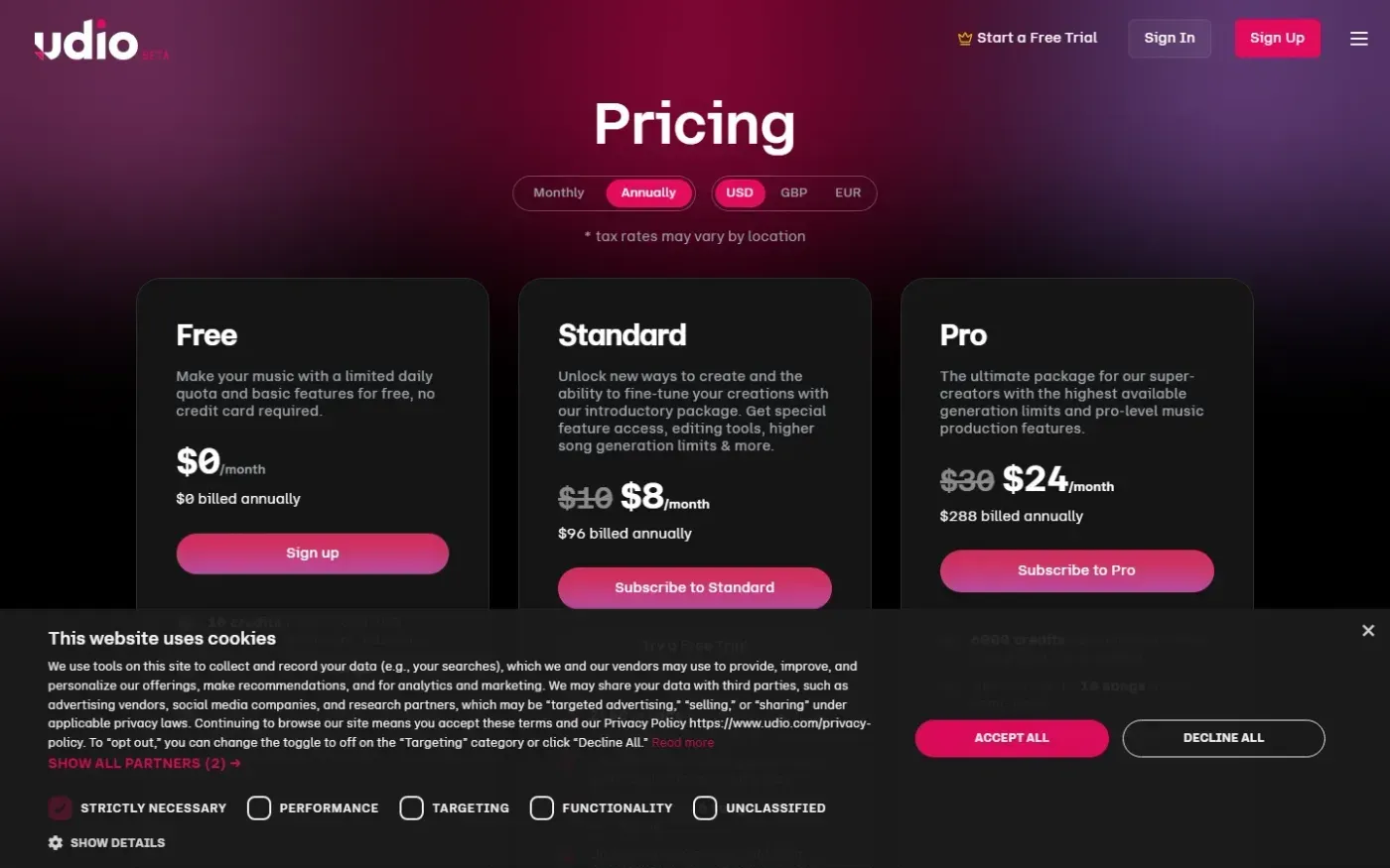 Udio — Pricing page
