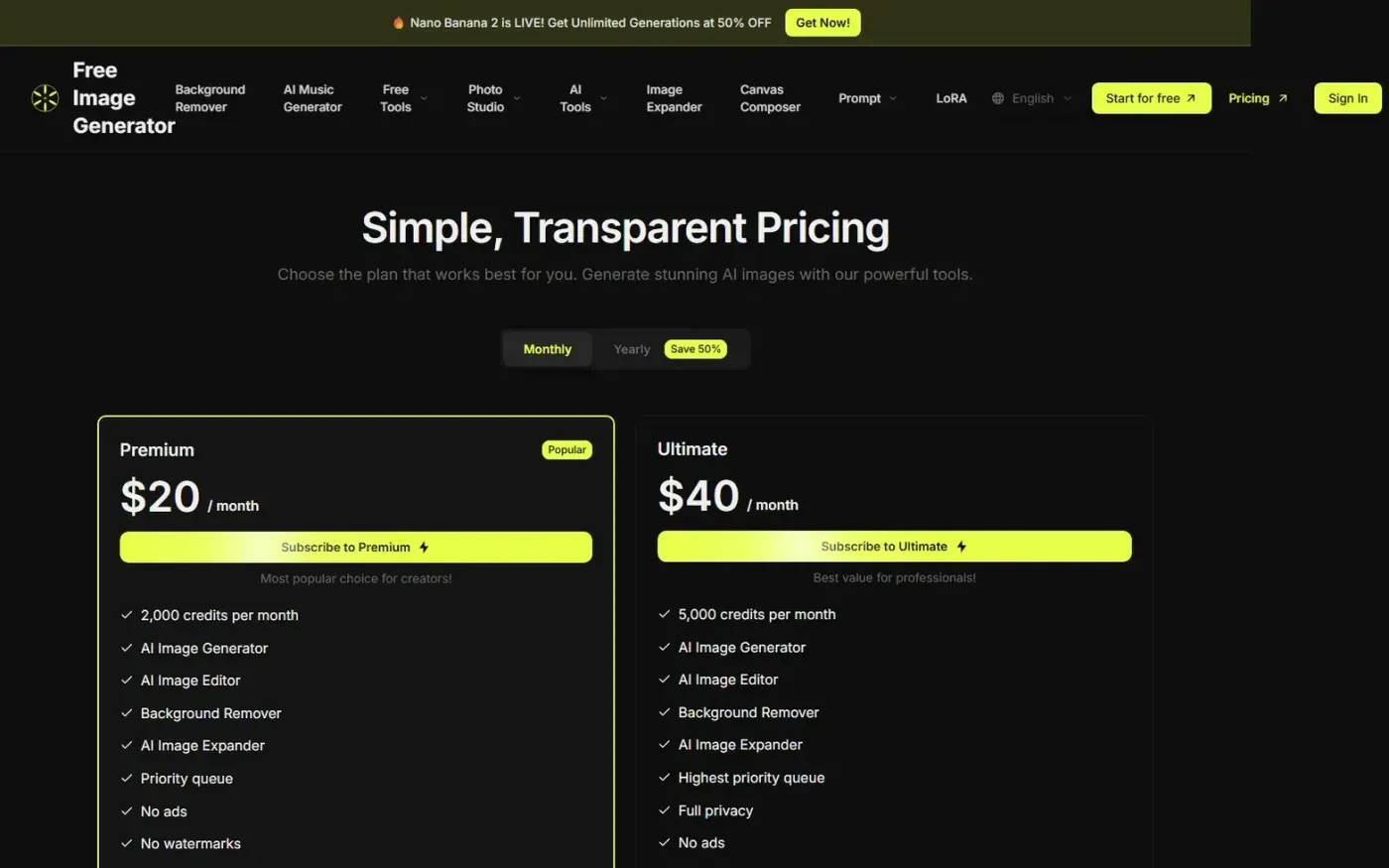 Freeimagegenerator — Pricing page
