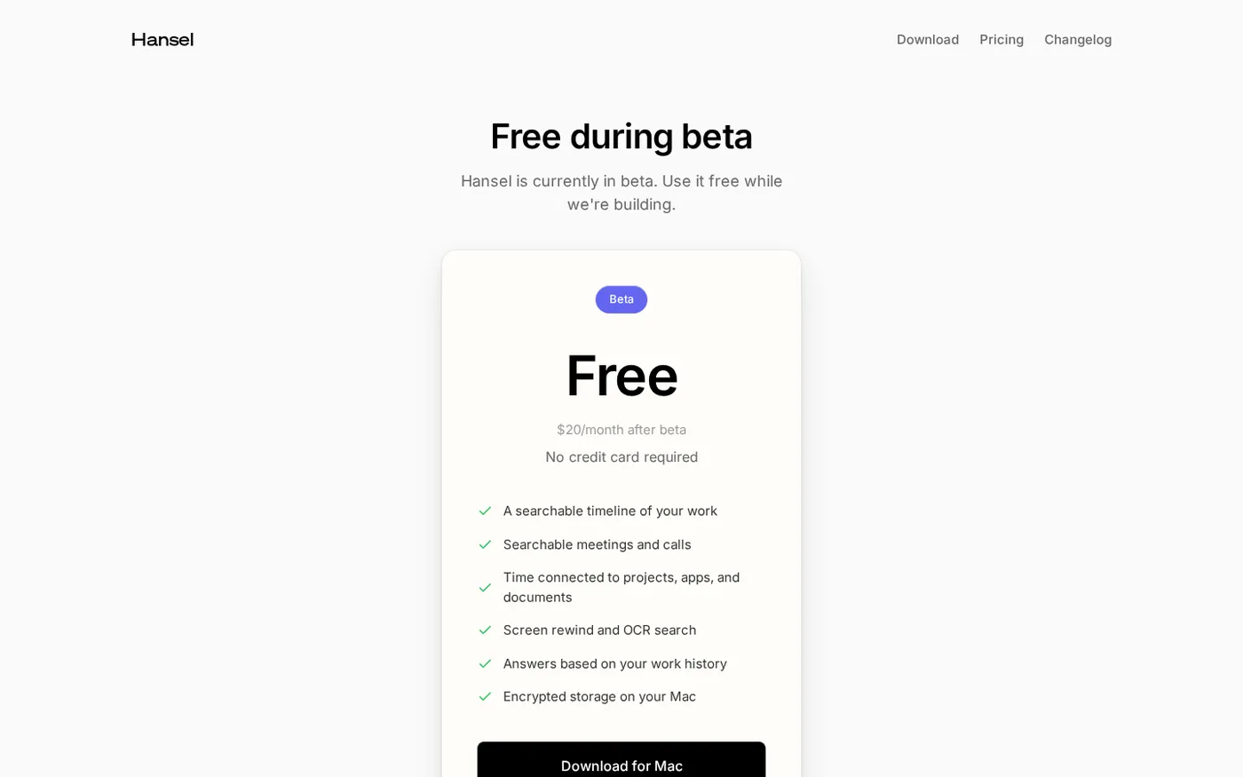 Hansel — Remember everything you've worked on — Pricing page