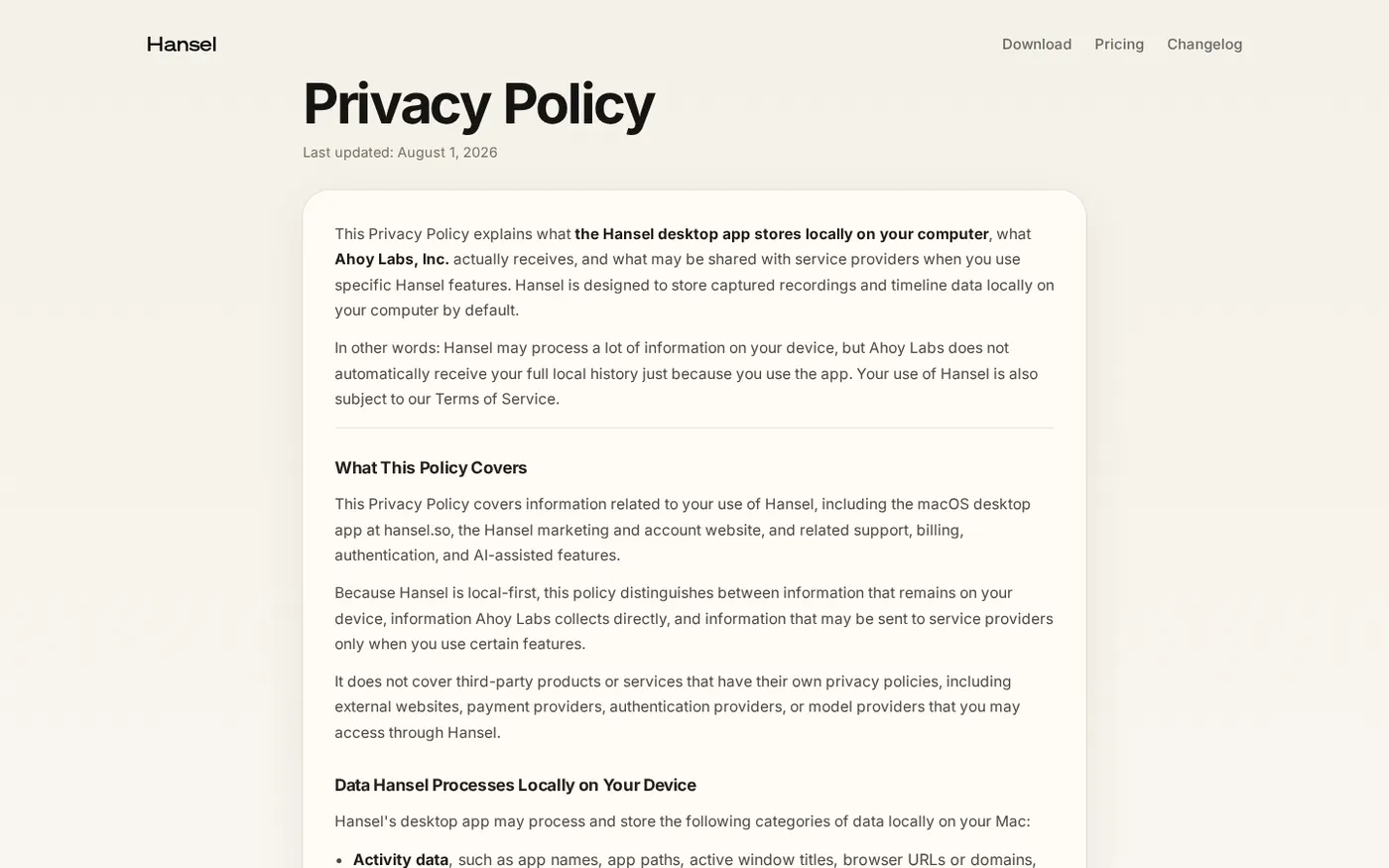 Hansel — Remember everything you've worked on — Privacy page