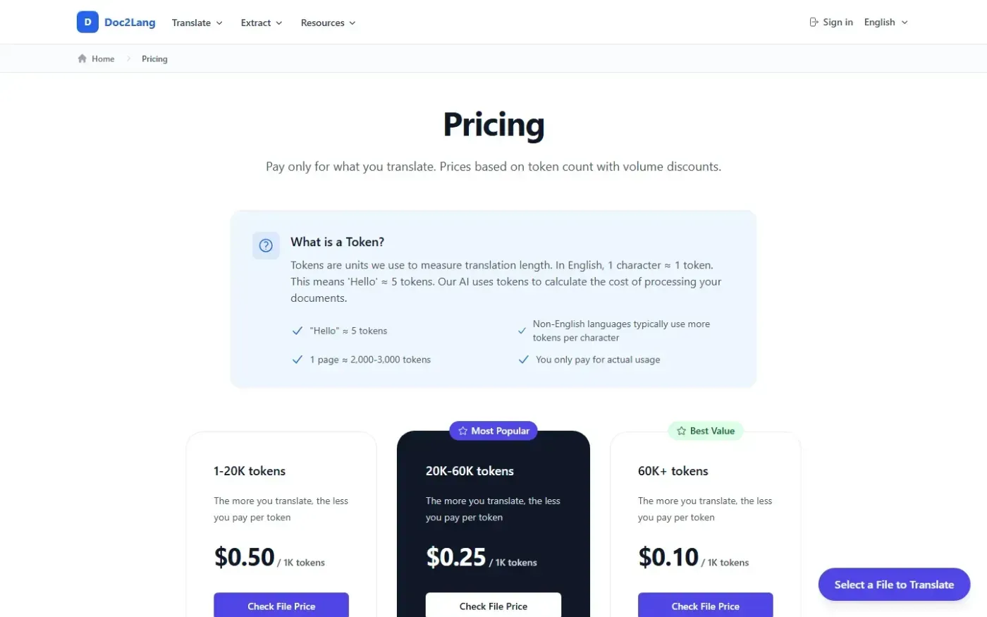 Doc2lang — Pricing page