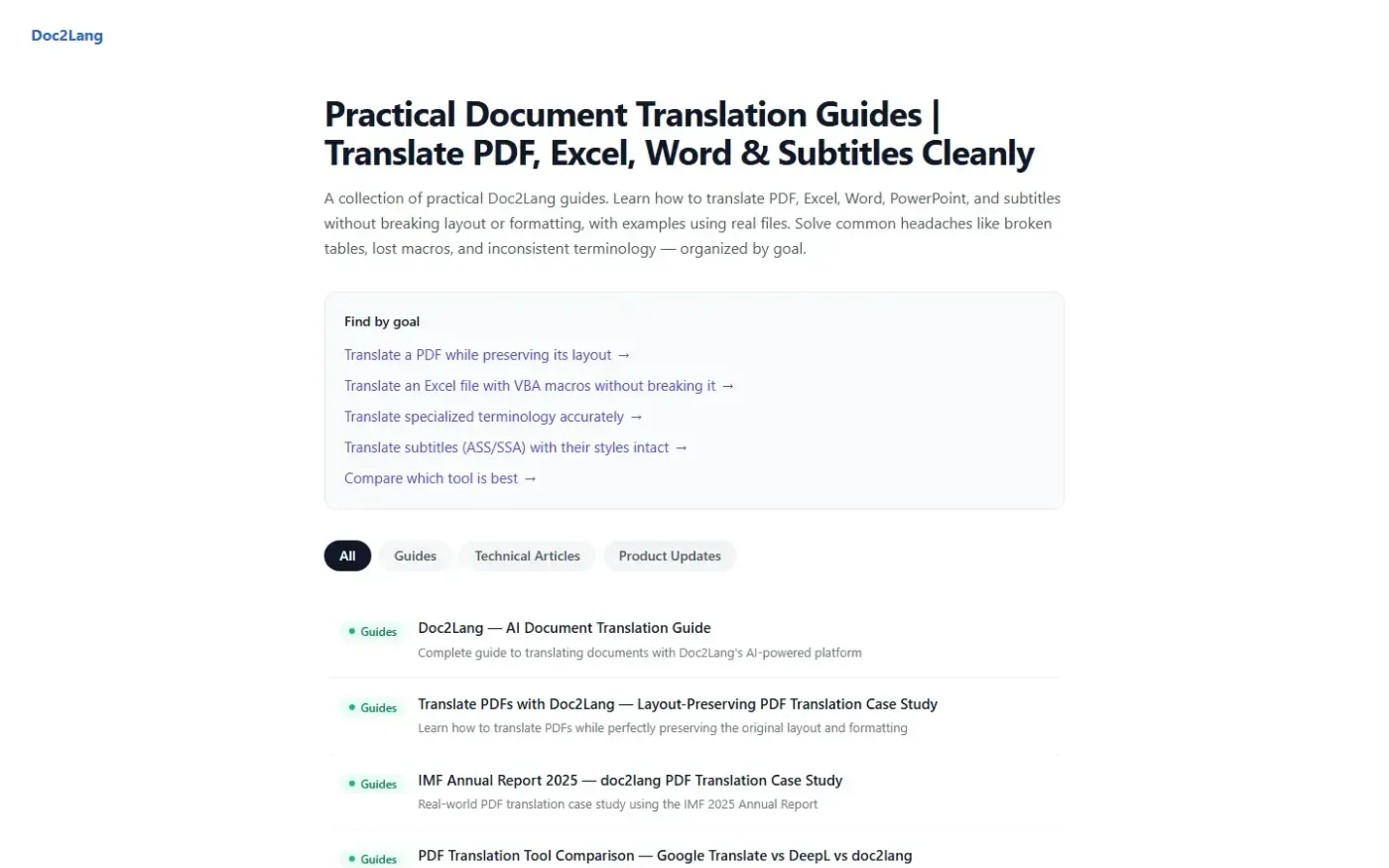 Doc2lang — Articles page