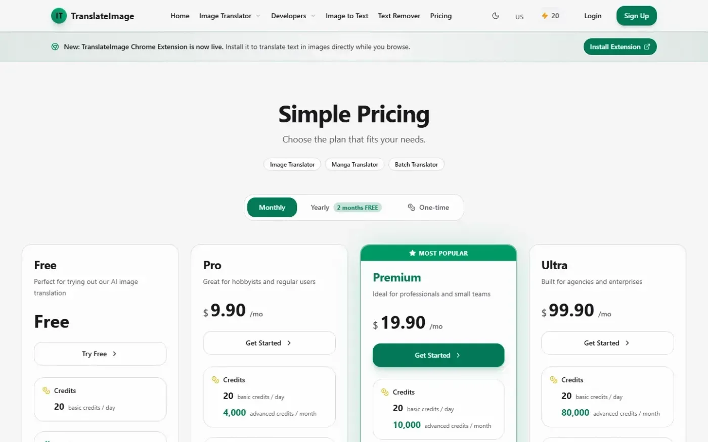 Translateimage — Pricing page