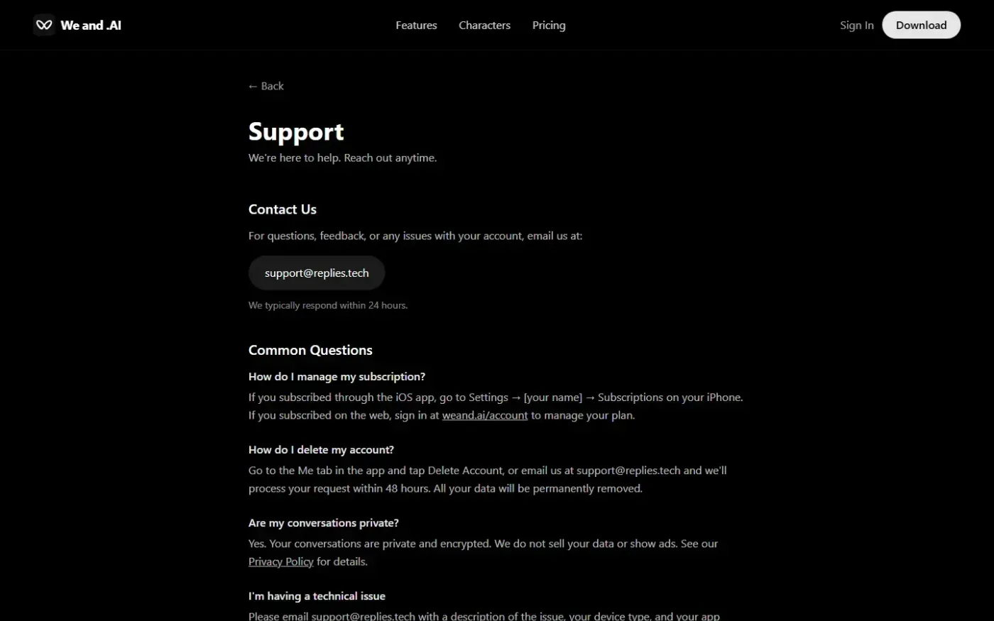 Weand — Support page