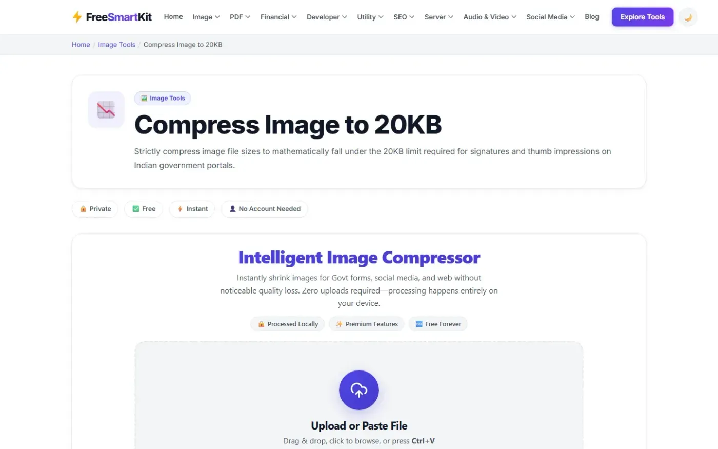 Free SmartKit — 160+ Free Online Tools , Free SEO Tool , — Compress image to 20kb page