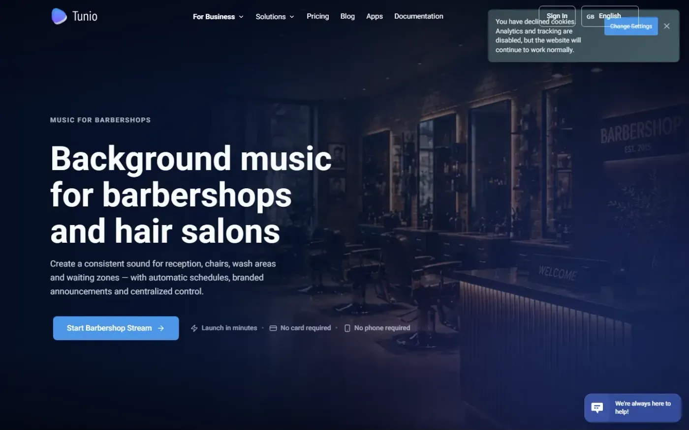 Tunio — AI Music operations platform for venues — Music for barbershops and hairdressers page