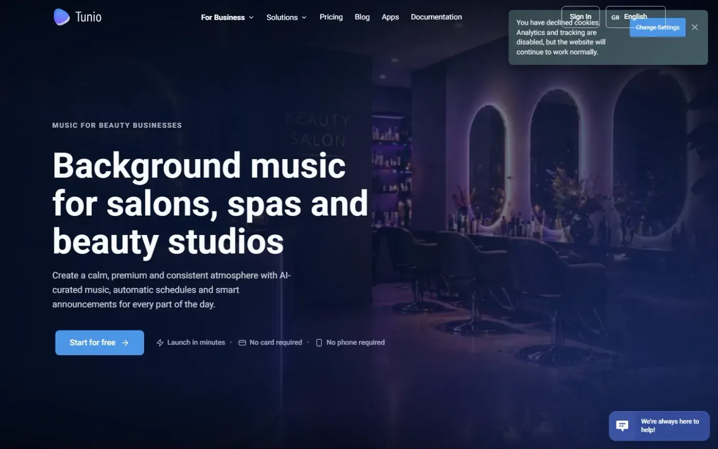 Tunio — AI Music operations platform for venues — Music for beauty salons page