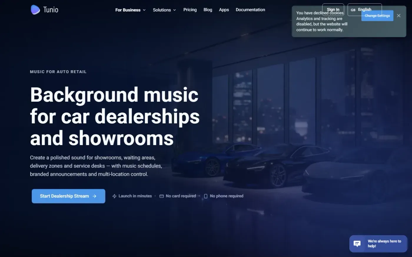 Tunio — AI Music operations platform for venues — Music for car dealerships page