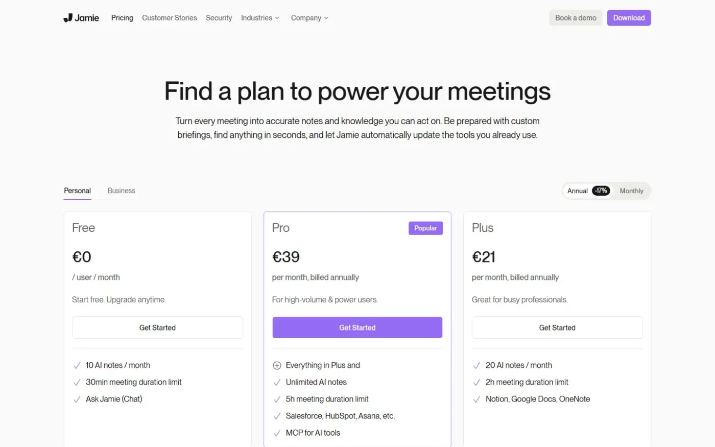 Meetjamie — Pricing page