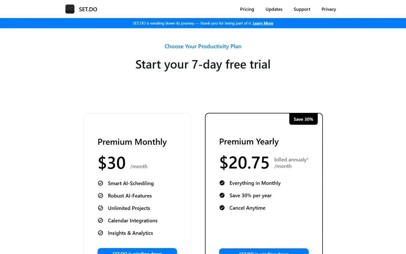 Set — Pricing page