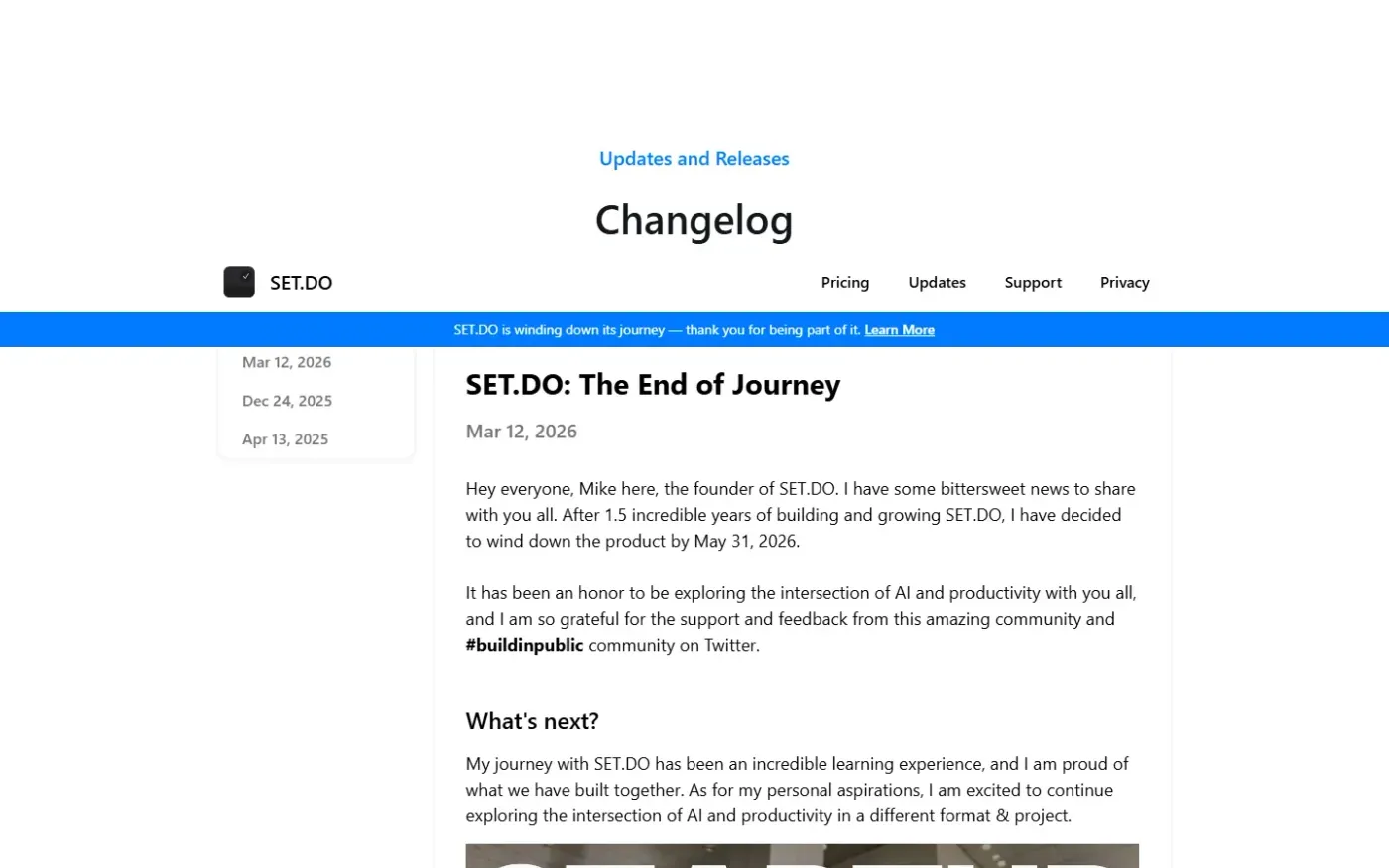 Set — Updates page