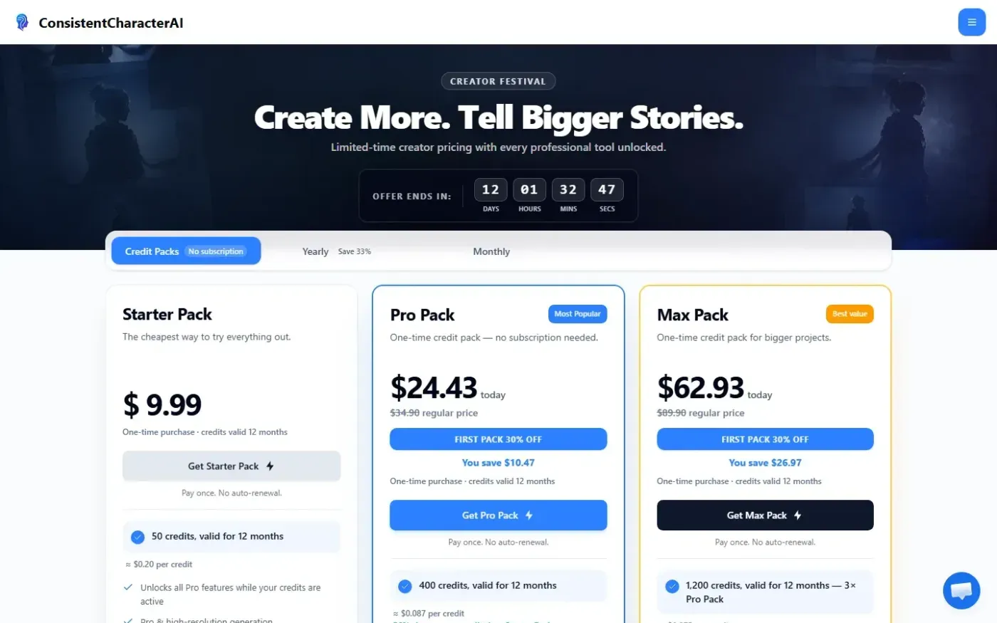 Consistentcharacterai — Pricing page