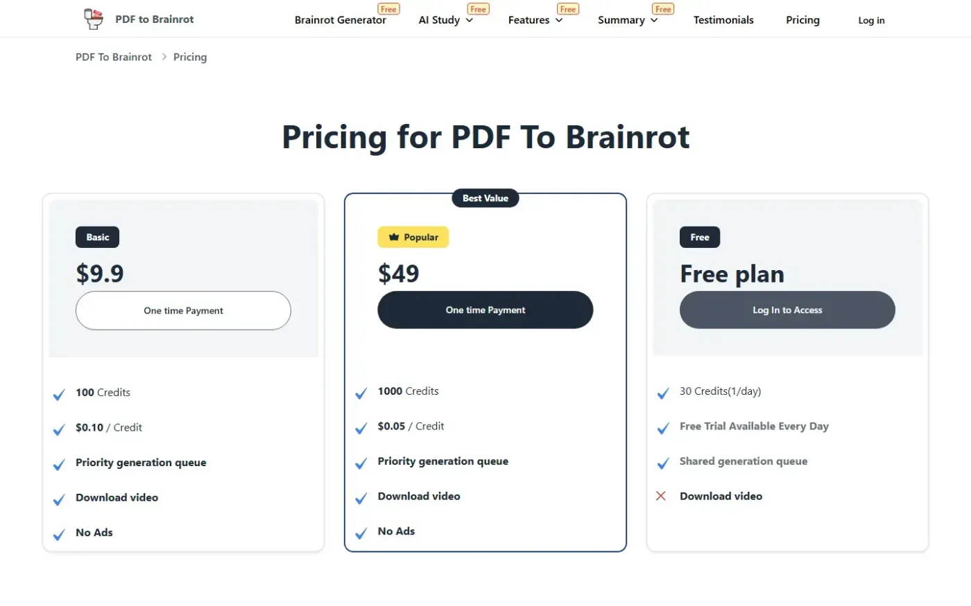 Pdftobrainrot — Pricing page