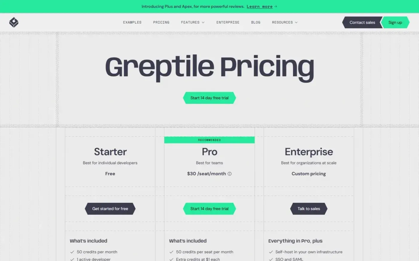 Greptile — Pricing page