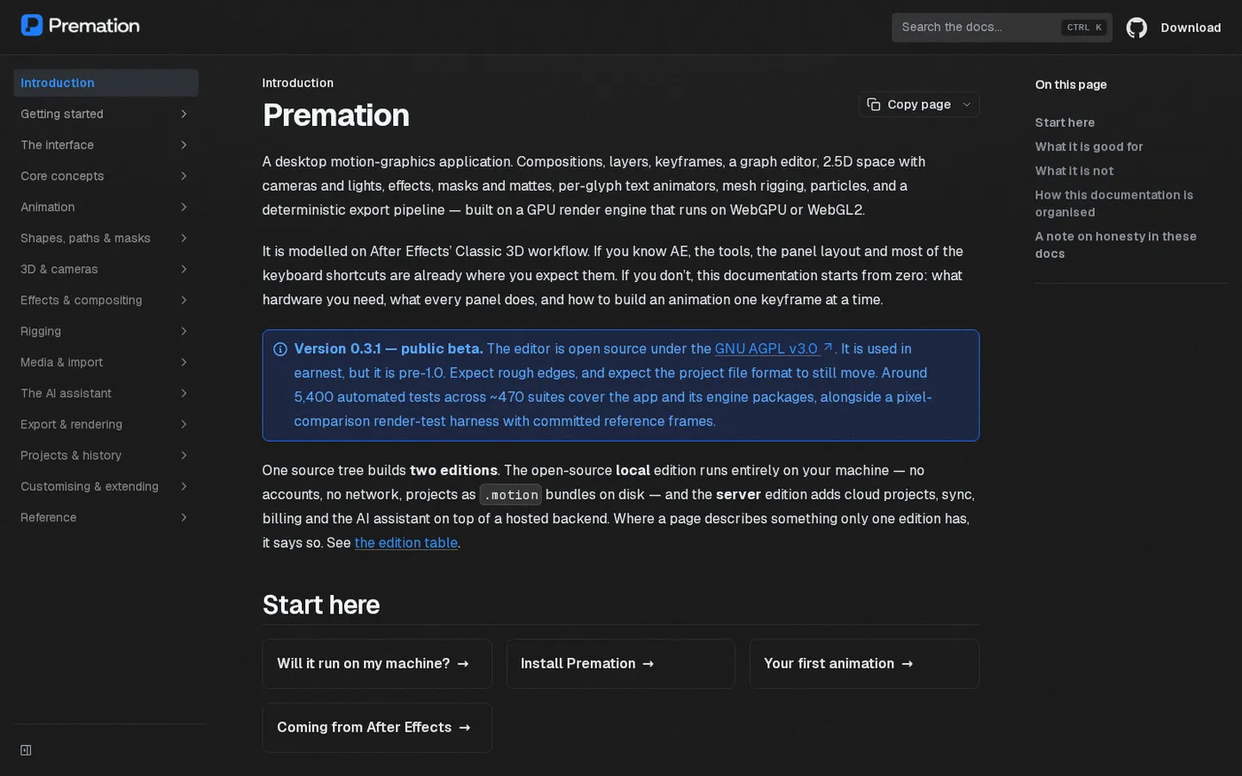 Premation — An open-source AI alternative to After Effects — Docs page