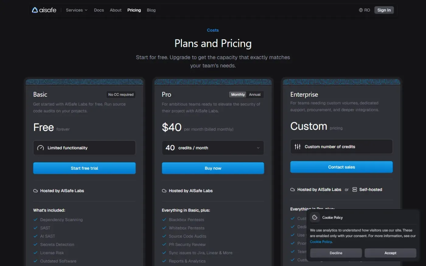 Aisafe — Pricing page